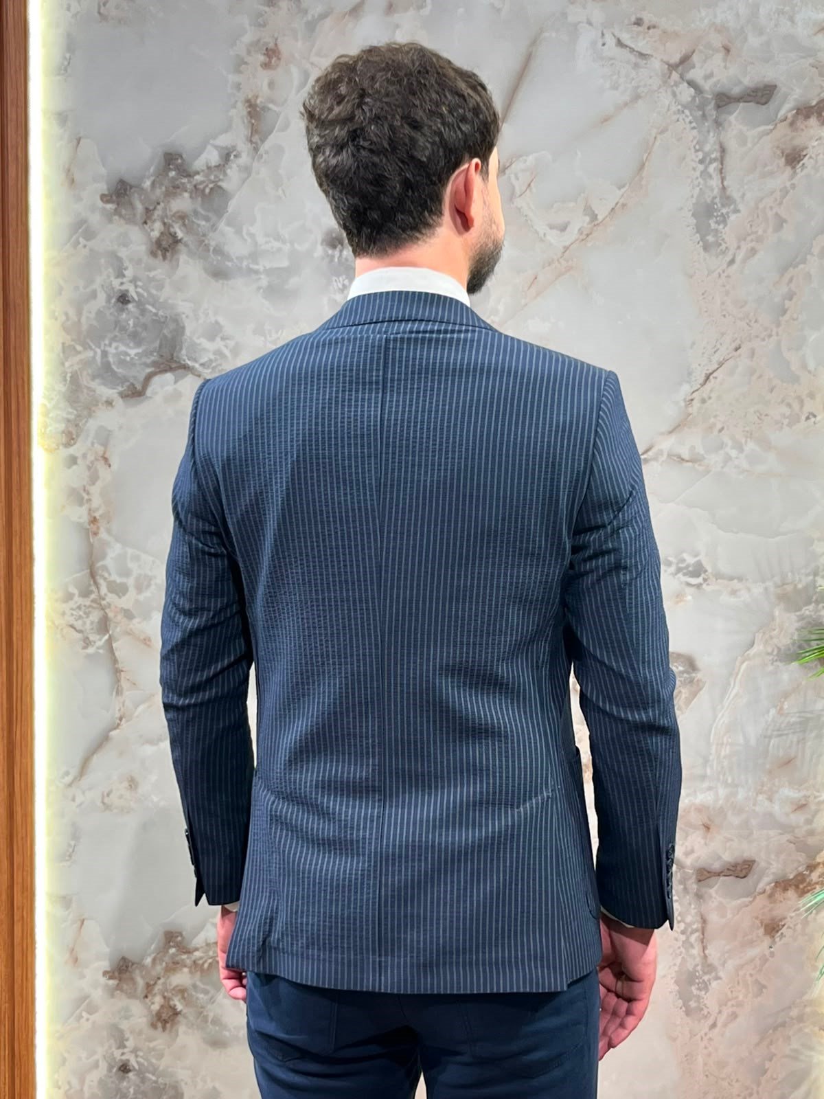 ERKEK LACİVERT ÇİZGİLİ BLAZER CEKET|SLİM FİT TEK DÜĞMELİ PREMİUM CEKET