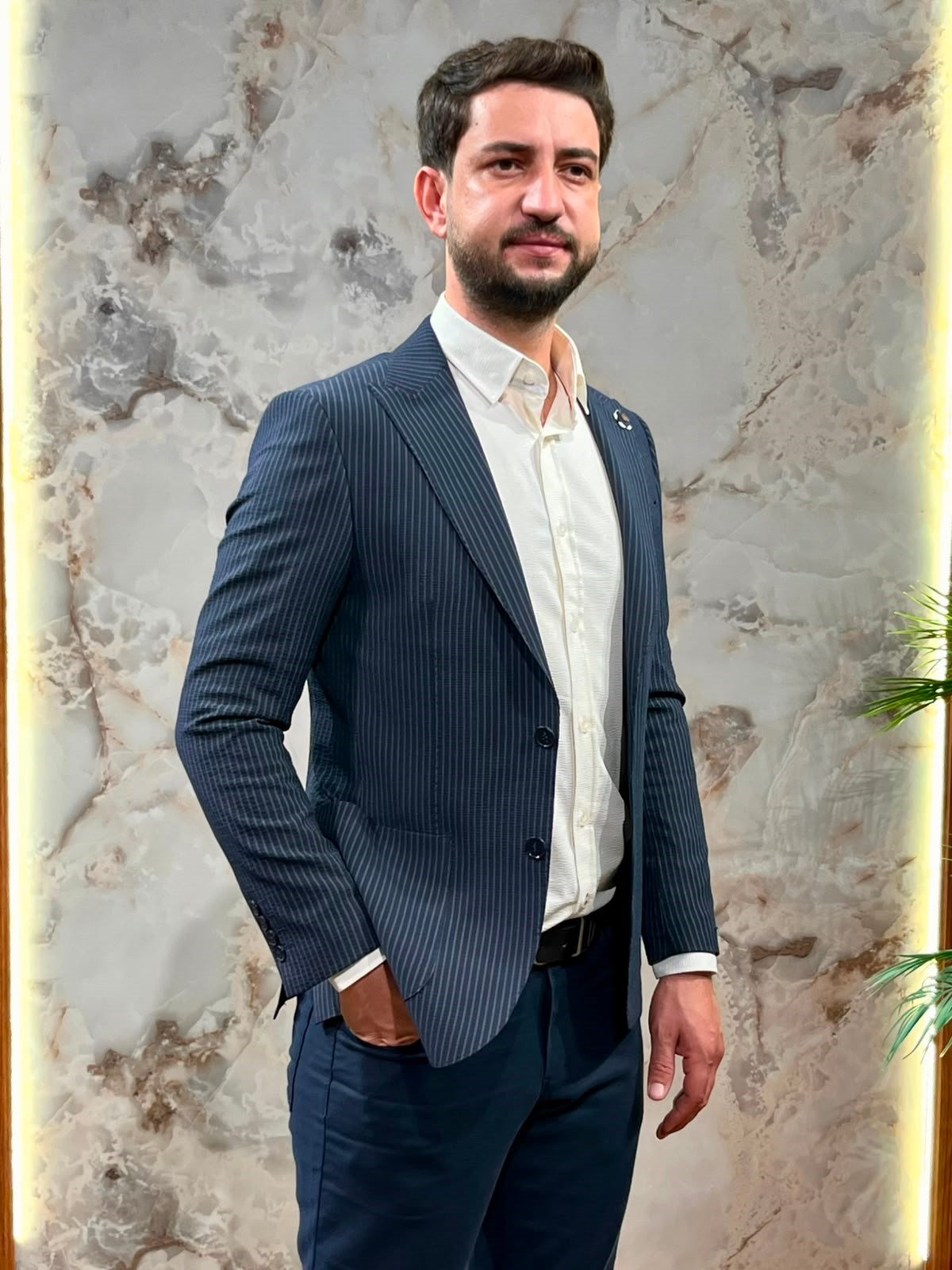 ERKEK LACİVERT ÇİZGİLİ BLAZER CEKET|SLİM FİT TEK DÜĞMELİ PREMİUM CEKET