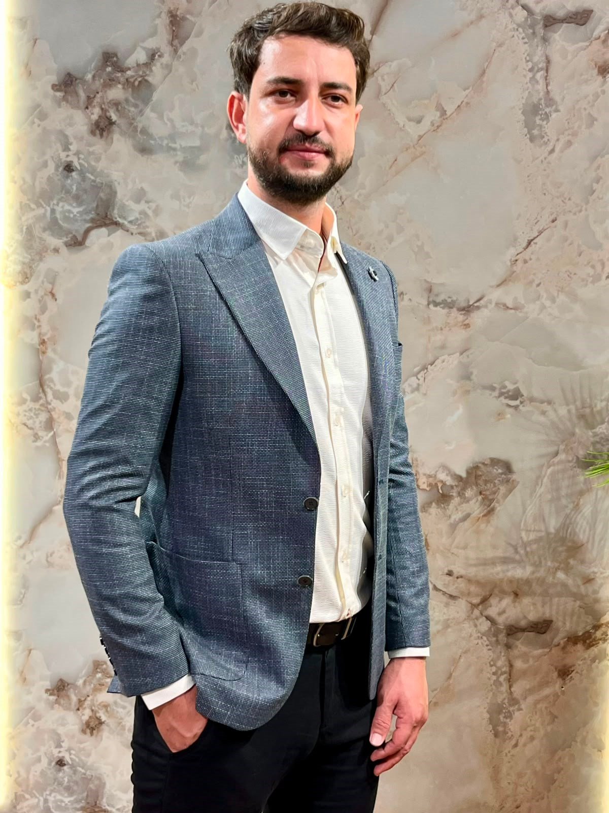 ERKEK MAVİ DOKULU ÇİZGİLİ BLAZER CEKET|SLİM FİT TEK DÜĞMELİ PREMİUM CEKET