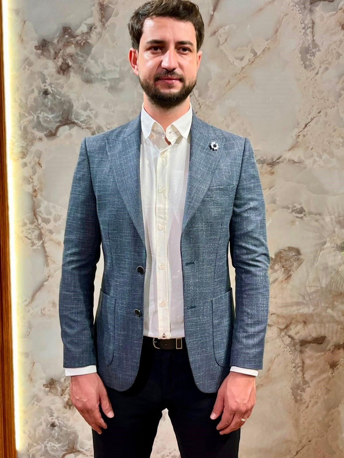 ERKEK MAVİ DOKULU ÇİZGİLİ BLAZER CEKET|SLİM FİT TEK DÜĞMELİ PREMİUM CEKET