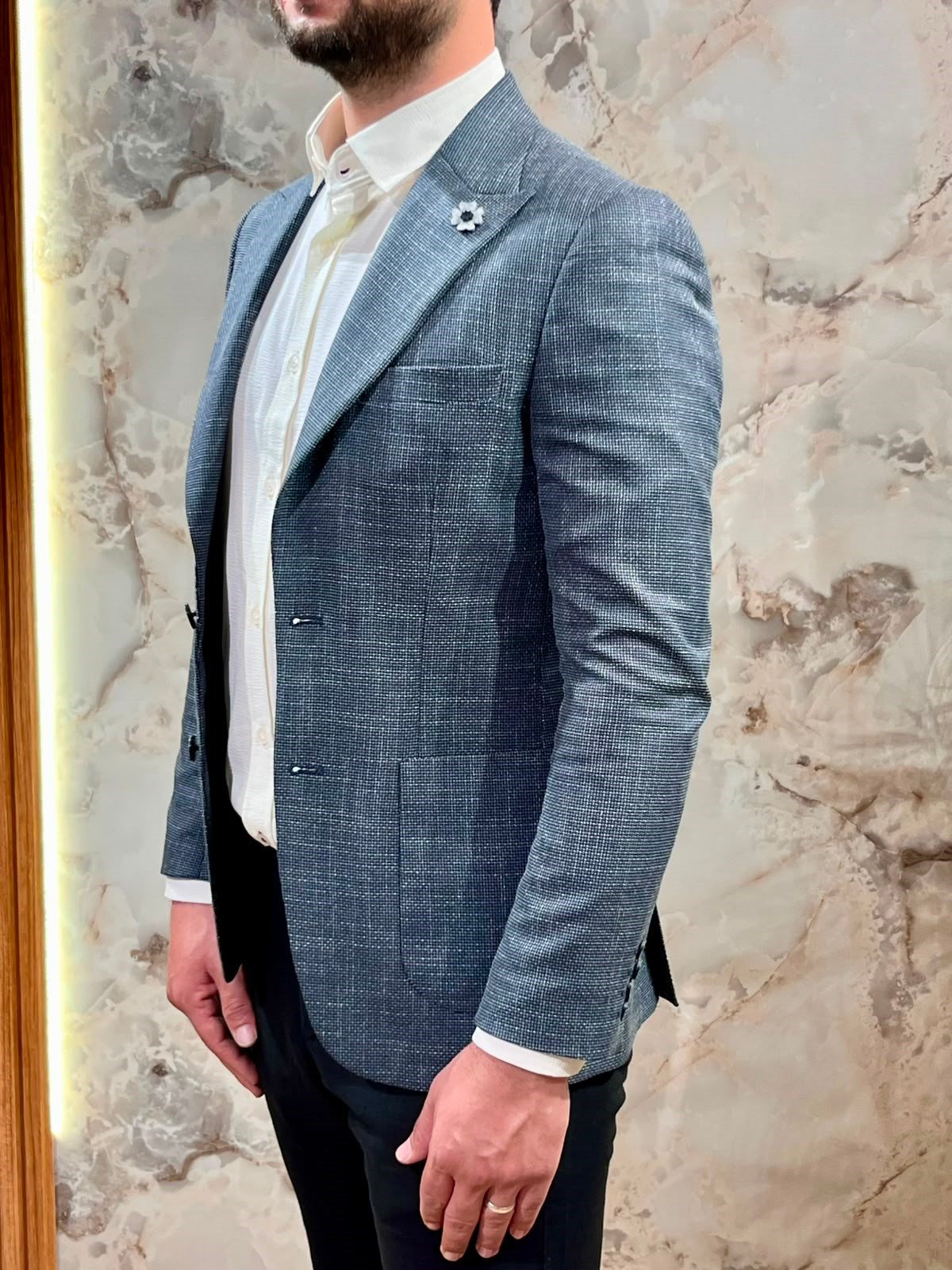 ERKEK MAVİ DOKULU ÇİZGİLİ BLAZER CEKET|SLİM FİT TEK DÜĞMELİ PREMİUM CEKET