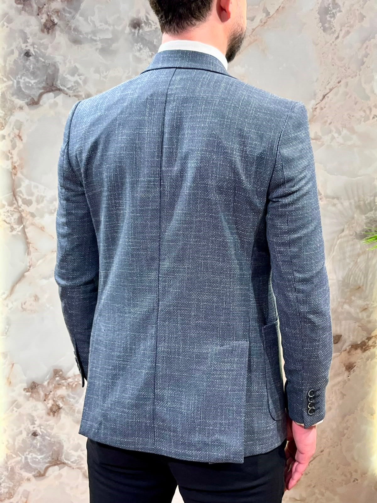 ERKEK MAVİ DOKULU ÇİZGİLİ BLAZER CEKET|SLİM FİT TEK DÜĞMELİ PREMİUM CEKET