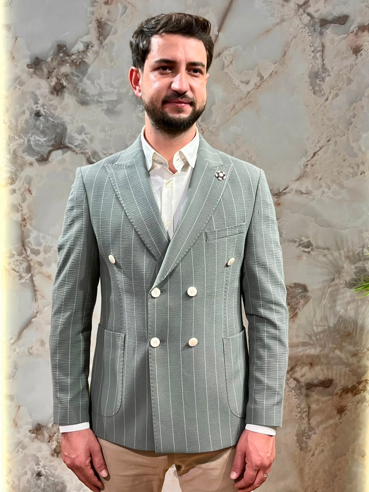 ERKEK MİNT YEŞİLİ ÇİZGİLİ KRUVAZE BLAZER CEKET|SLİM FİT ÇİFT DÜĞMELİ PREMİUM CEKET