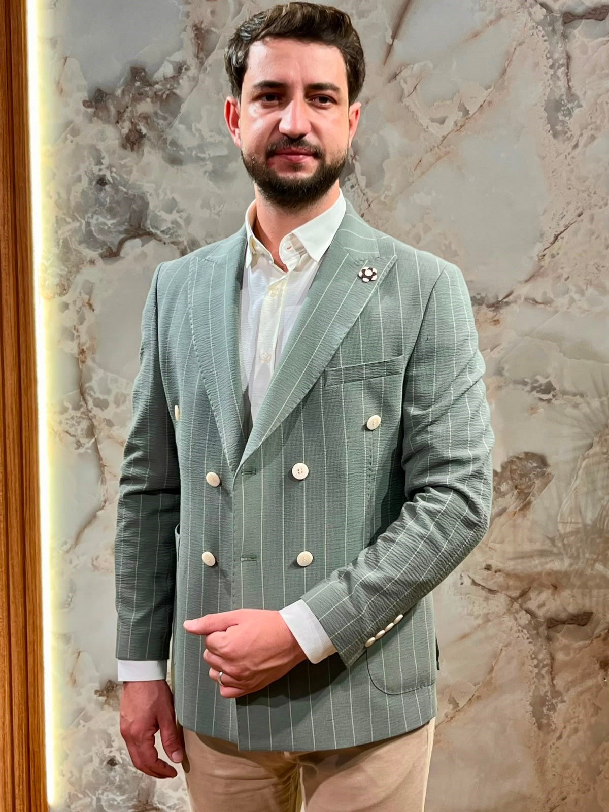 ERKEK MİNT YEŞİLİ ÇİZGİLİ KRUVAZE BLAZER CEKET|SLİM FİT ÇİFT DÜĞMELİ PREMİUM CEKET