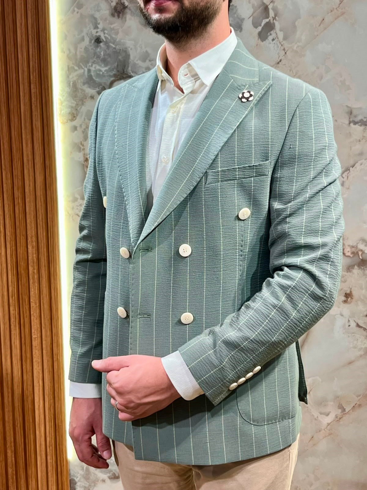 ERKEK MİNT YEŞİLİ ÇİZGİLİ KRUVAZE BLAZER CEKET|SLİM FİT ÇİFT DÜĞMELİ PREMİUM CEKET