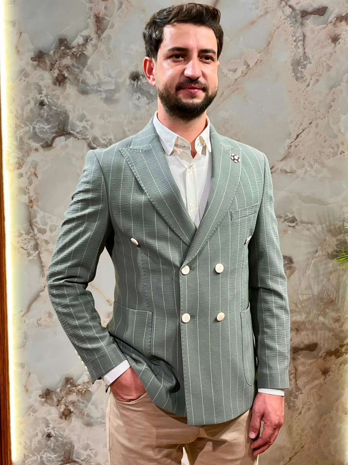 ERKEK MİNT YEŞİLİ ÇİZGİLİ KRUVAZE BLAZER CEKET|SLİM FİT ÇİFT DÜĞMELİ PREMİUM CEKET
