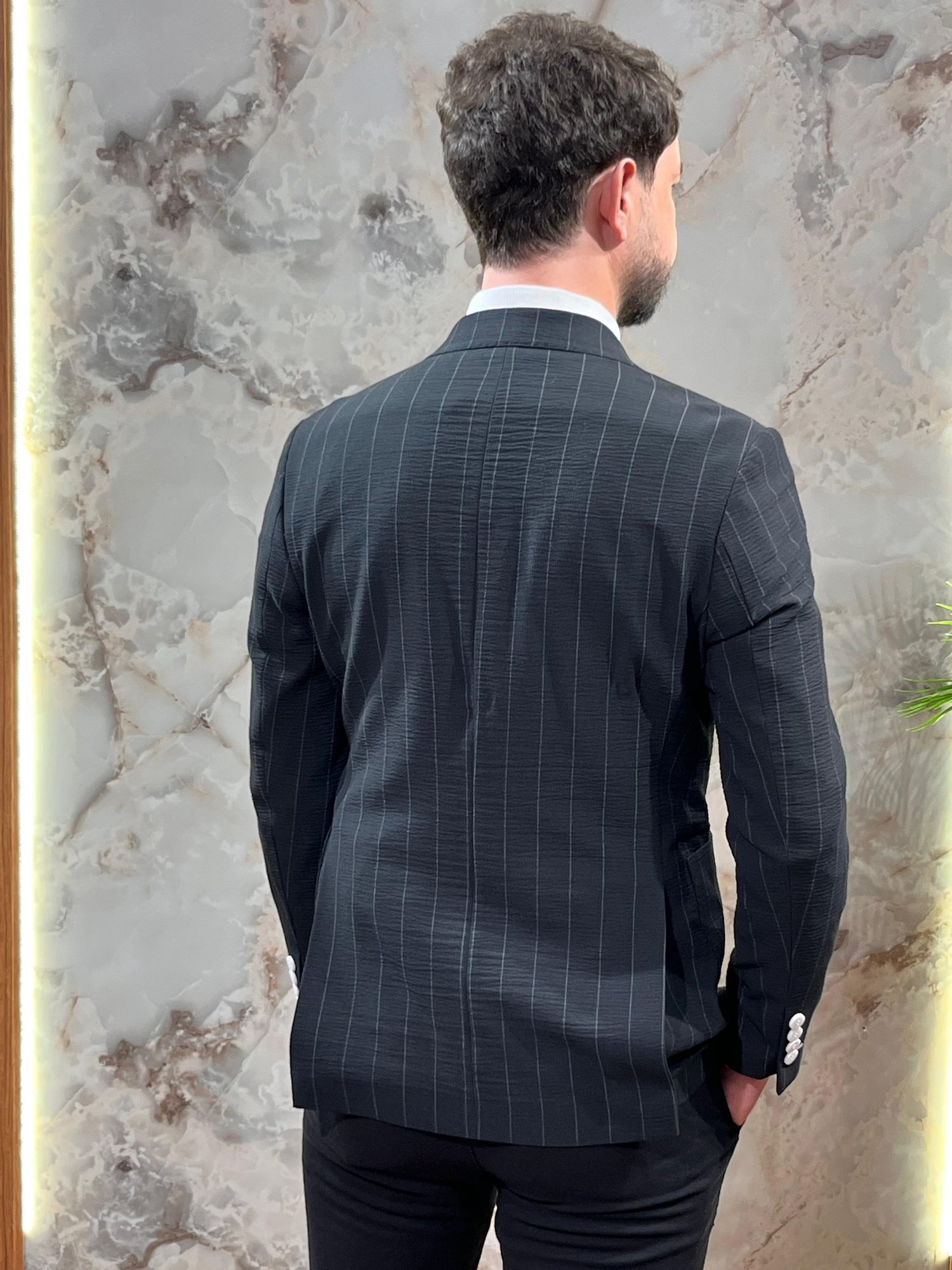 ERKEK SİYAH ÇİZGİLİ KRUVAZE BLAZER CEKET|SLİM FİT ÇİFT DÜĞMELİ PREMİUM CEKET