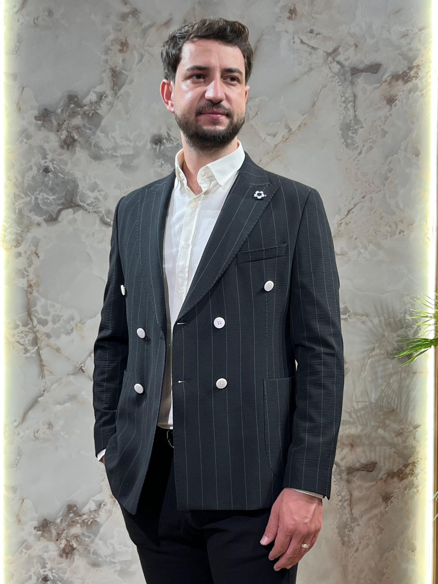 ERKEK SİYAH ÇİZGİLİ KRUVAZE BLAZER CEKET|SLİM FİT ÇİFT DÜĞMELİ PREMİUM CEKET