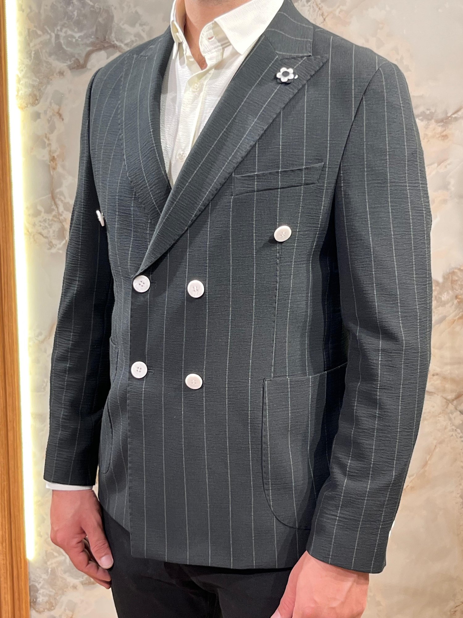 ERKEK SİYAH ÇİZGİLİ KRUVAZE BLAZER CEKET|SLİM FİT ÇİFT DÜĞMELİ PREMİUM CEKET