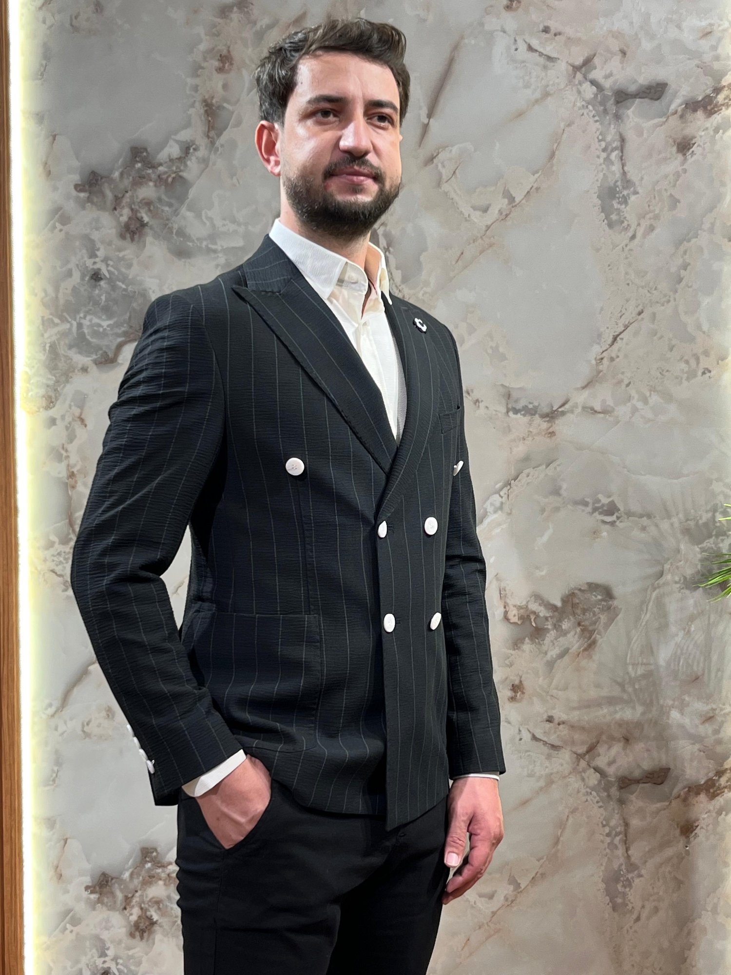 ERKEK SİYAH ÇİZGİLİ KRUVAZE BLAZER CEKET|SLİM FİT ÇİFT DÜĞMELİ PREMİUM CEKET