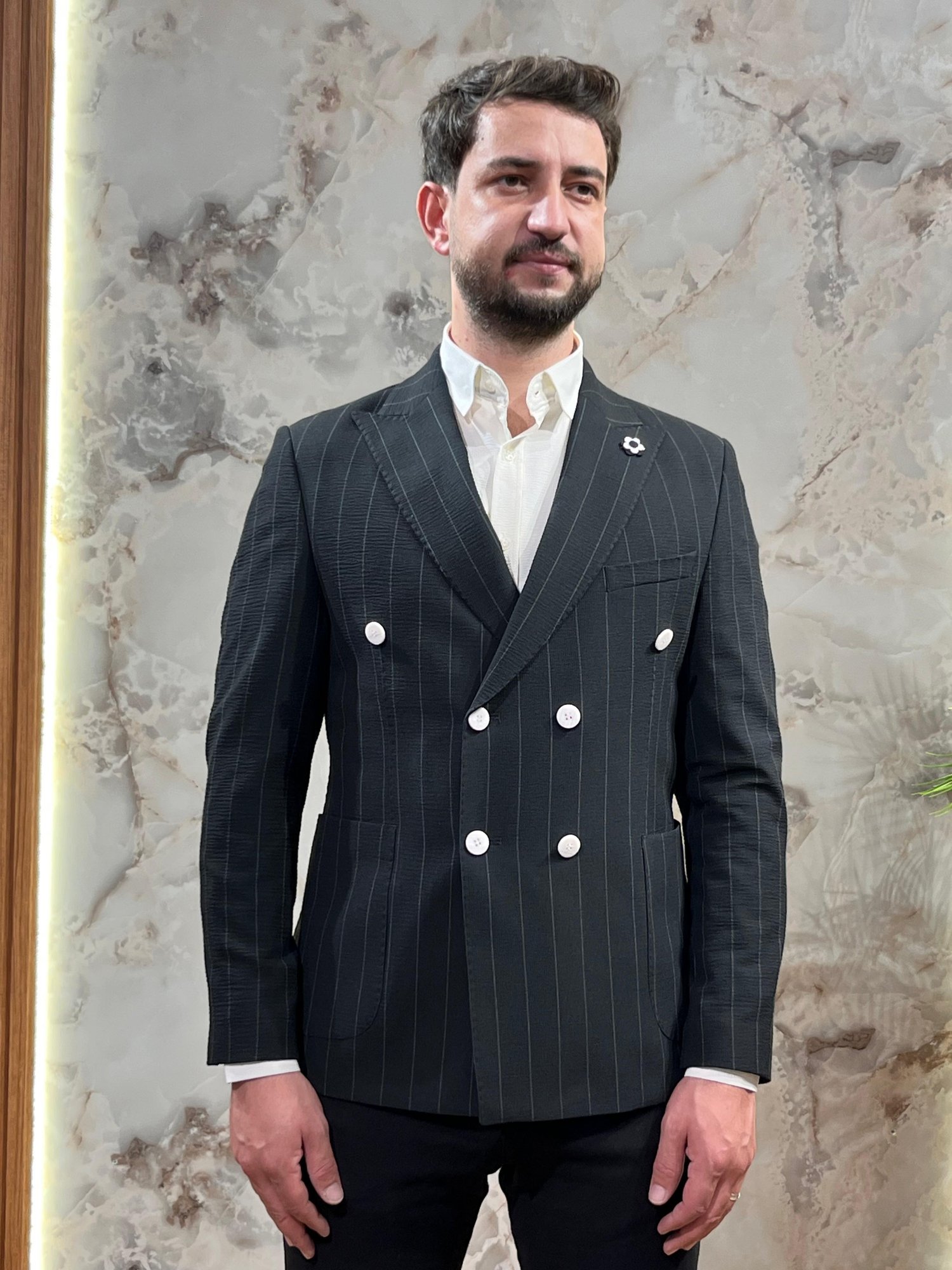 ERKEK SİYAH ÇİZGİLİ KRUVAZE BLAZER CEKET|SLİM FİT ÇİFT DÜĞMELİ PREMİUM CEKET
