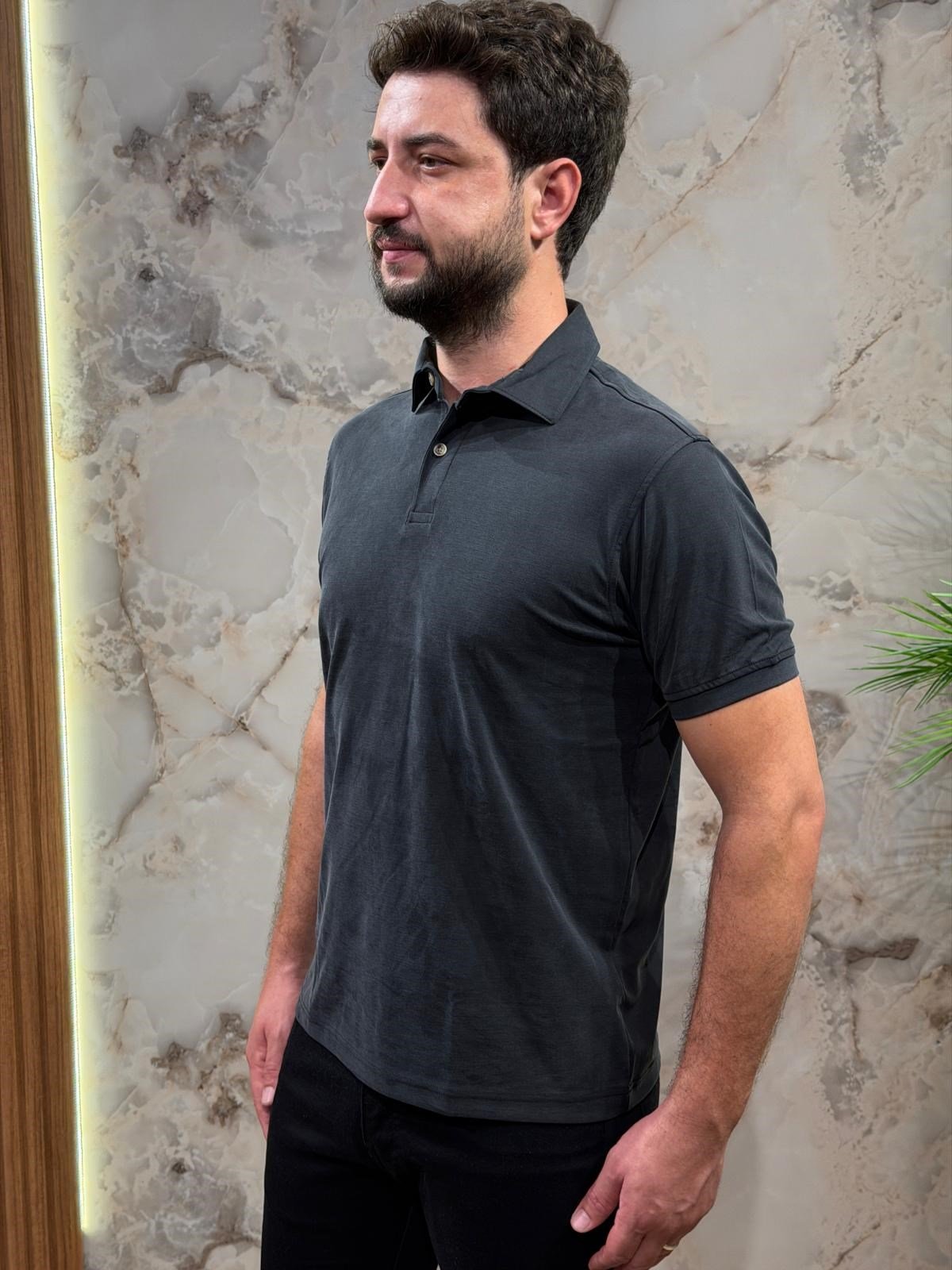 ERKEK SİYAH SOLUK EFEKTLİ POLO YAKA TİŞÖRT 