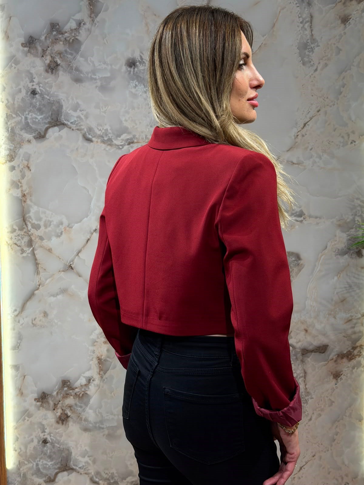 KADIN BORDO BAĞLAMALI KISA BLAZER CEKET KRUVAZE YAKA 