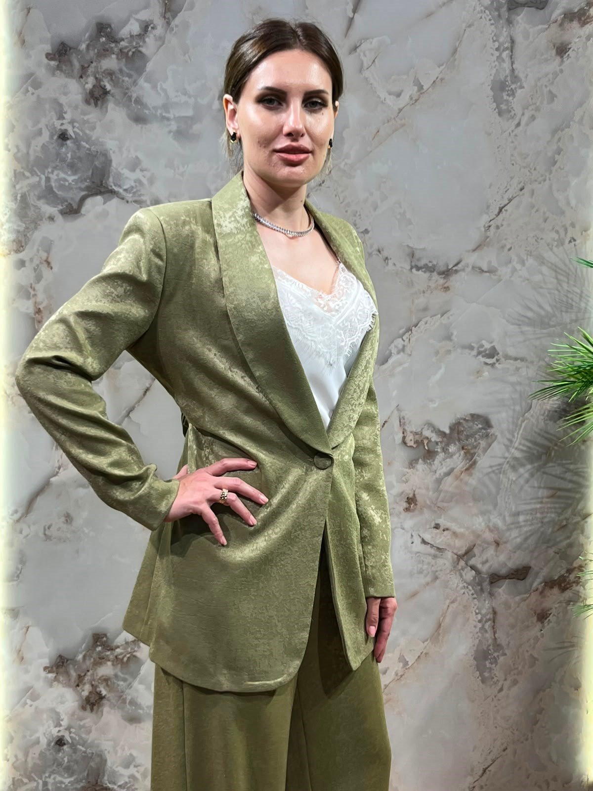 KADIN HAKİ BLAZER CEKET BOL PAÇA PANTOLON TAKIM 