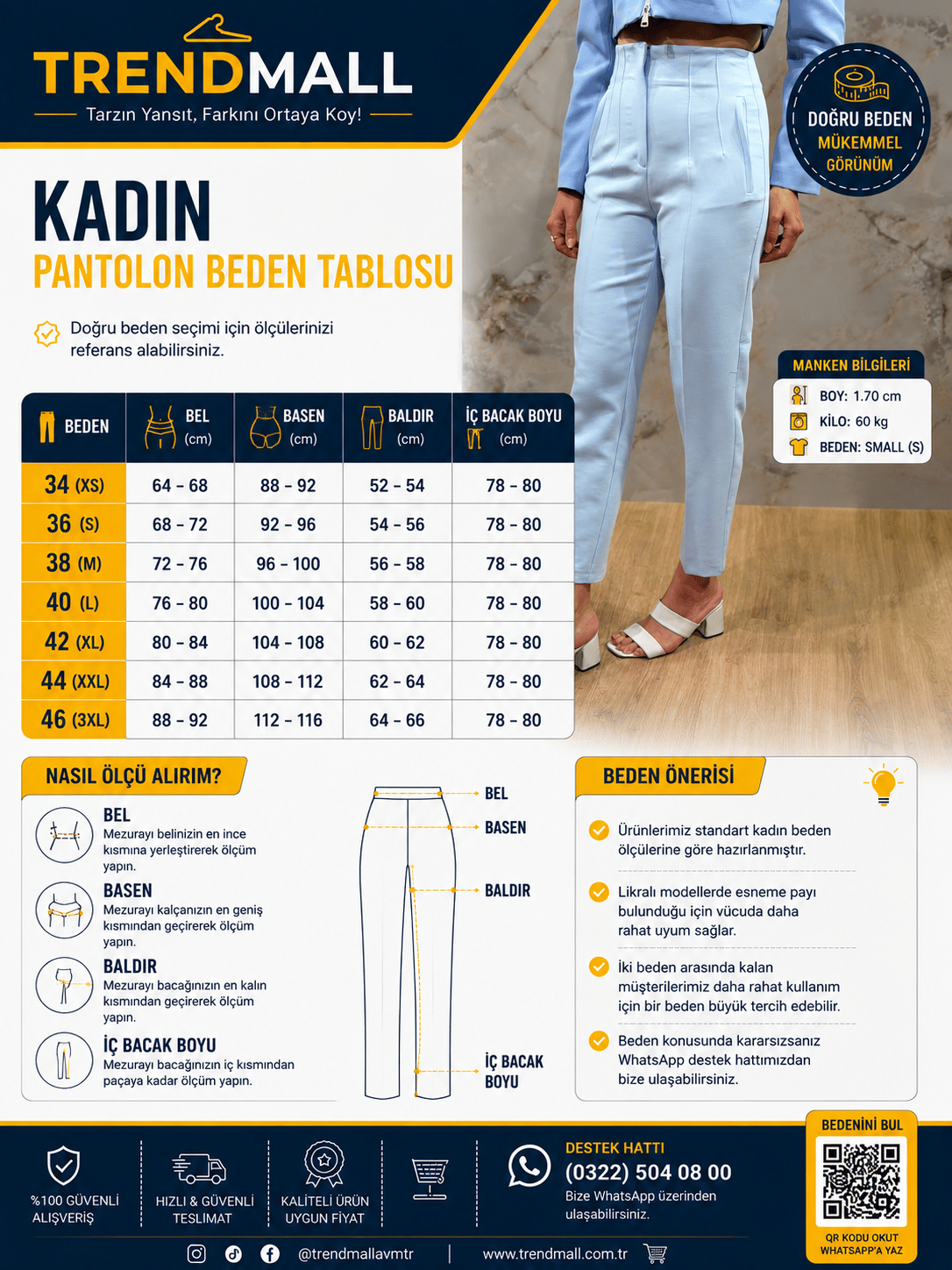 KADIN MAVİ YÜKSEK BEL CEP DETAYLI DÜZ PAÇA PANTOLON 