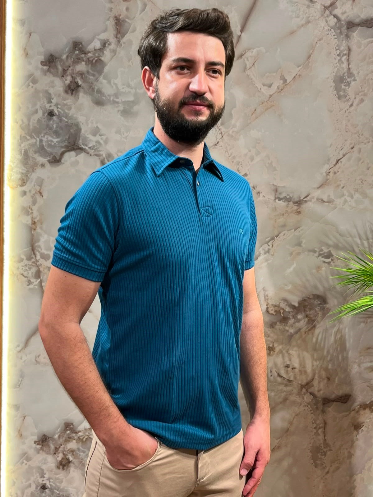 KENDİNDEN ÇİZGİLİ RAHAT MAVİ POLO YAKA TİŞÖRT