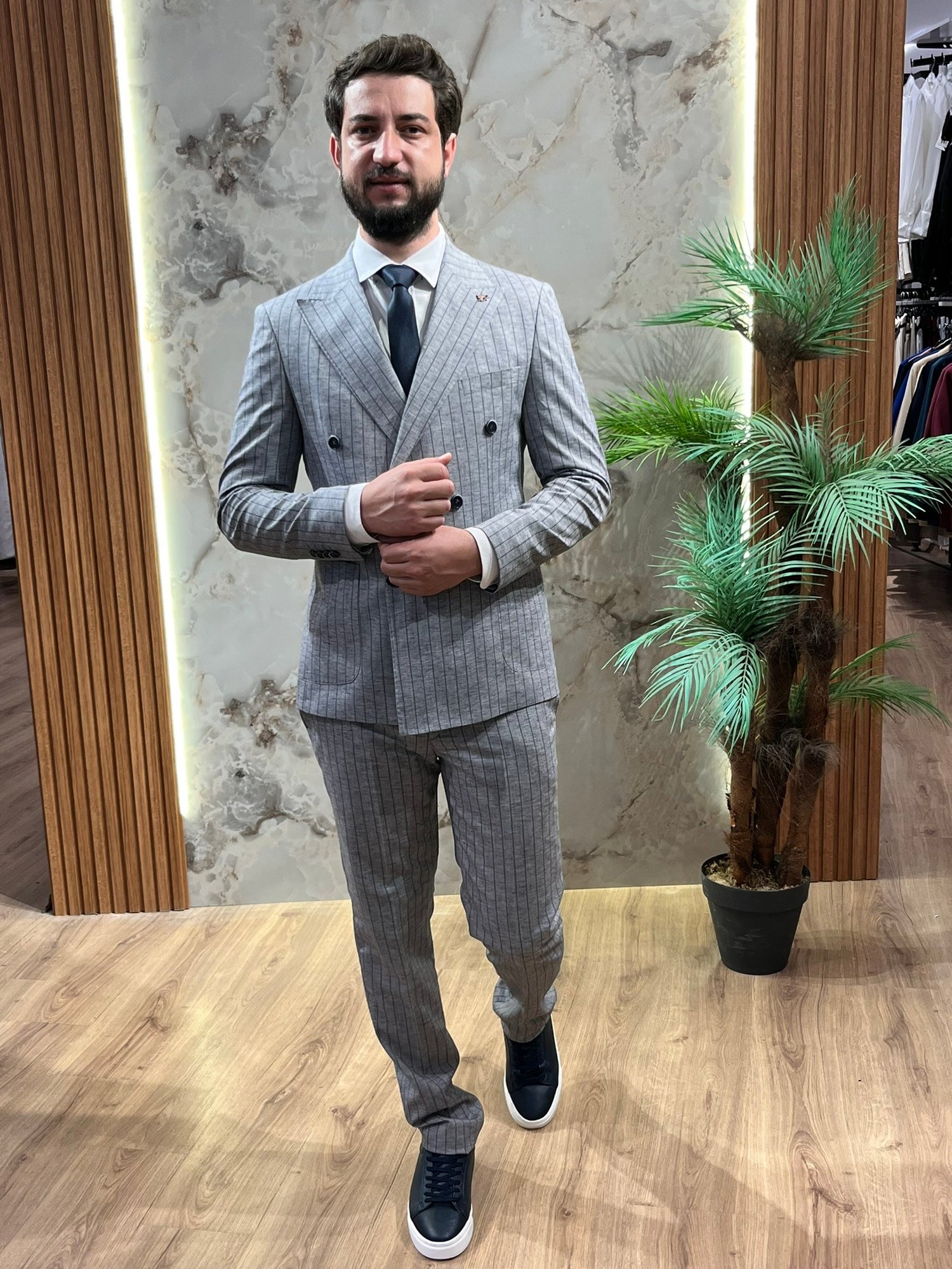 KRUVAZE SLİMFİT ÇİZGİLİ TAKIM ELBİSE GRİ