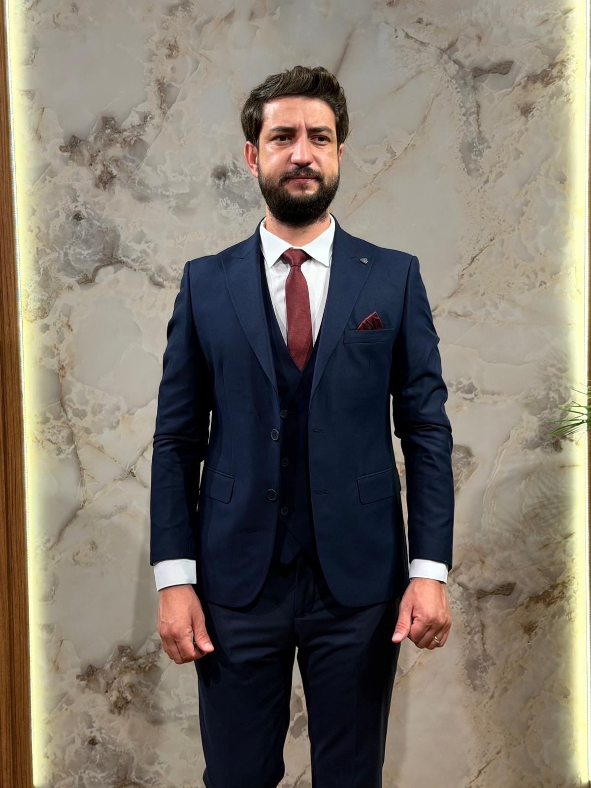 Lacivert Slim Fit Erkek Takım Elbise | Yelekli 3 Parça Takım