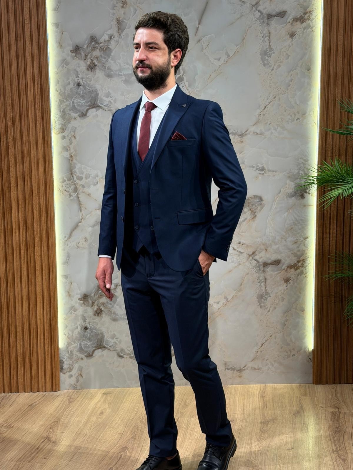 Lacivert Slim Fit Erkek Takım Elbise | Yelekli 3 Parça Takım