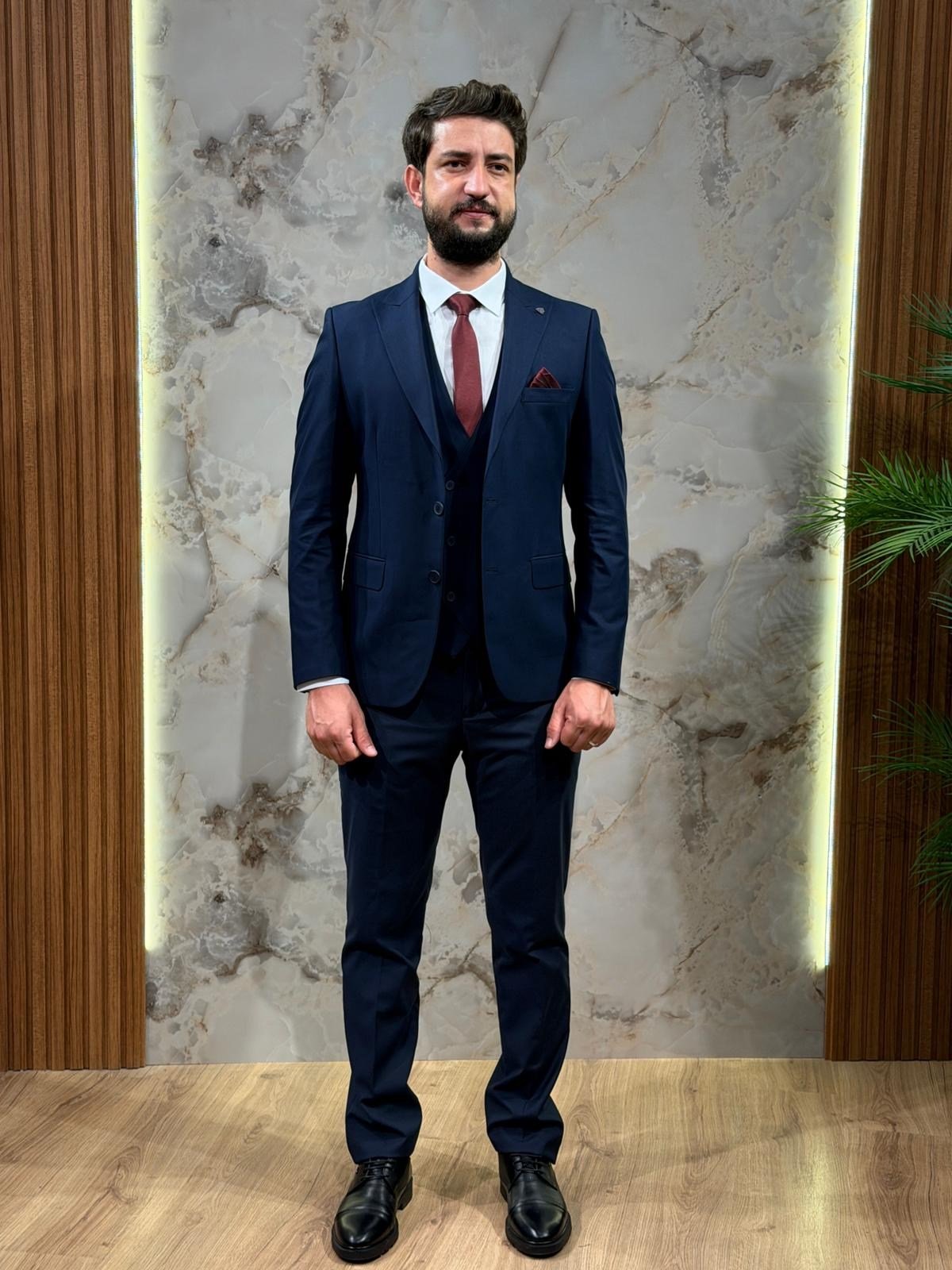 Lacivert Slim Fit Erkek Takım Elbise | Yelekli 3 Parça Takım