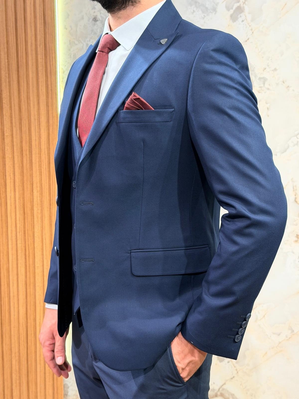 Lacivert Slim Fit Erkek Takım Elbise | Yelekli 3 Parça Takım