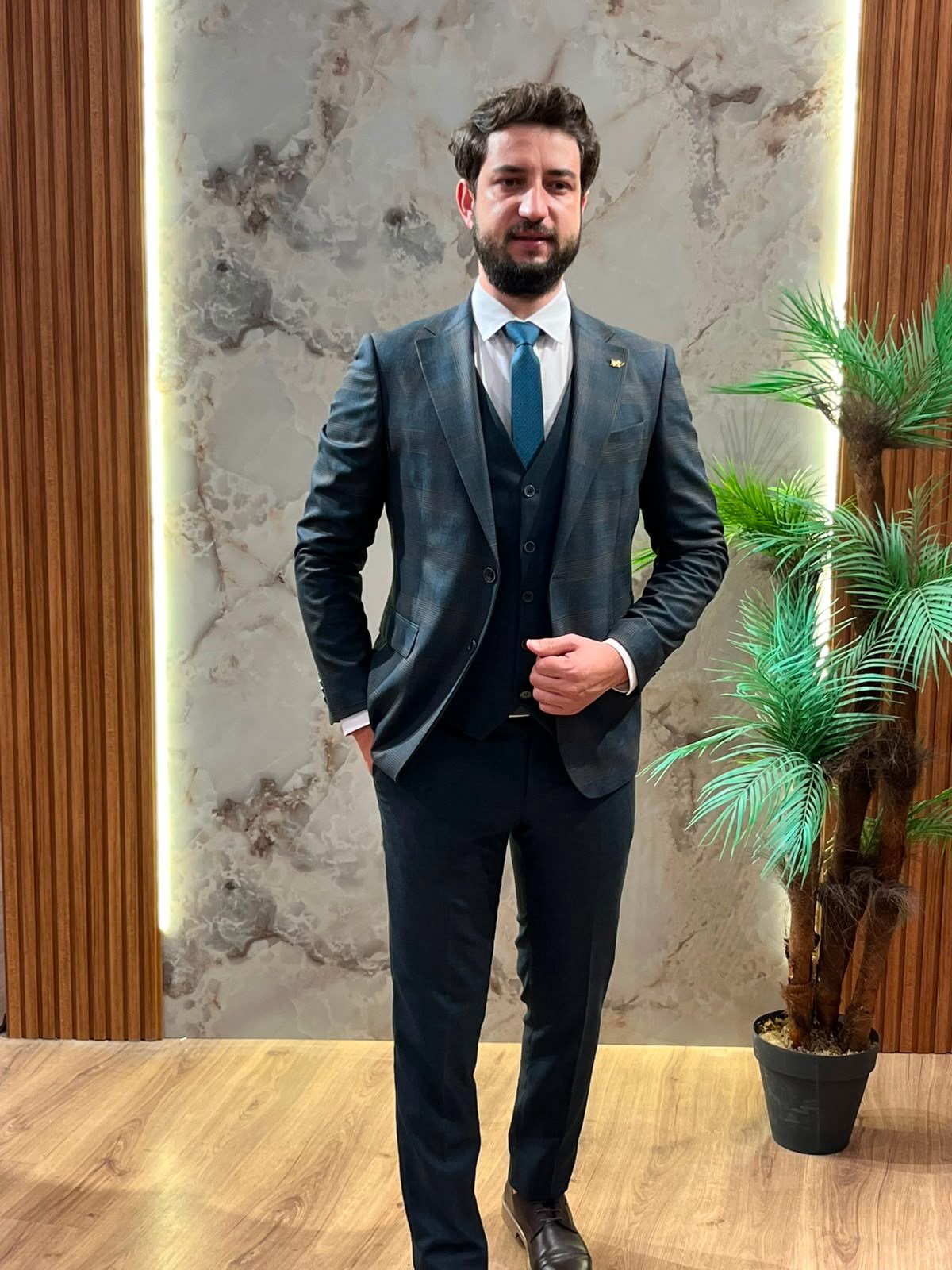 PETROL MAVİ EKOSELİ KOMBİN TAKIM ELBİSE SLİMFİT
