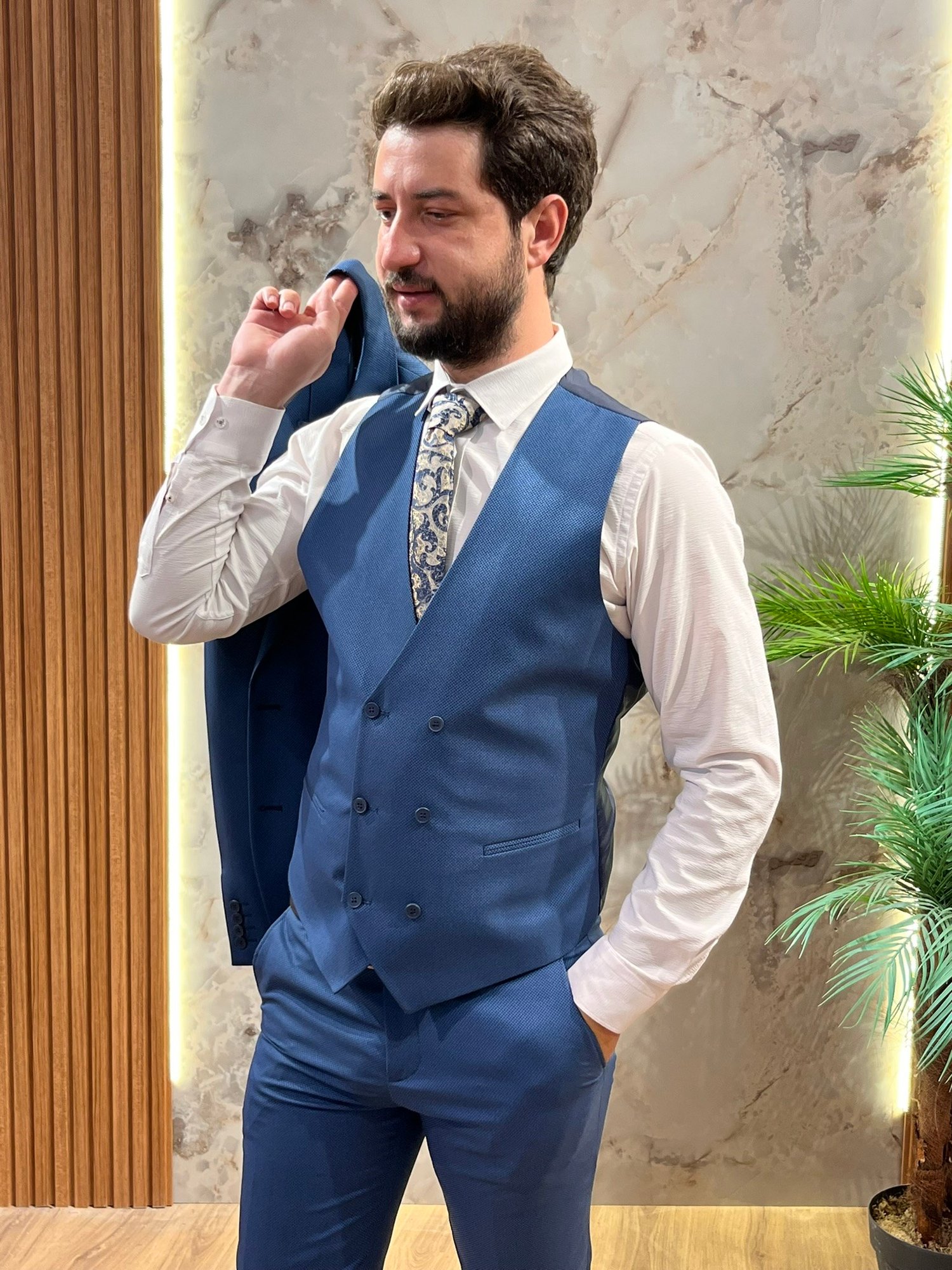 SLİMFİT YELEKLİ ERKEK TAKIM ELBİSE 3 PARÇA ŞIK TAKIM ELBİSE
