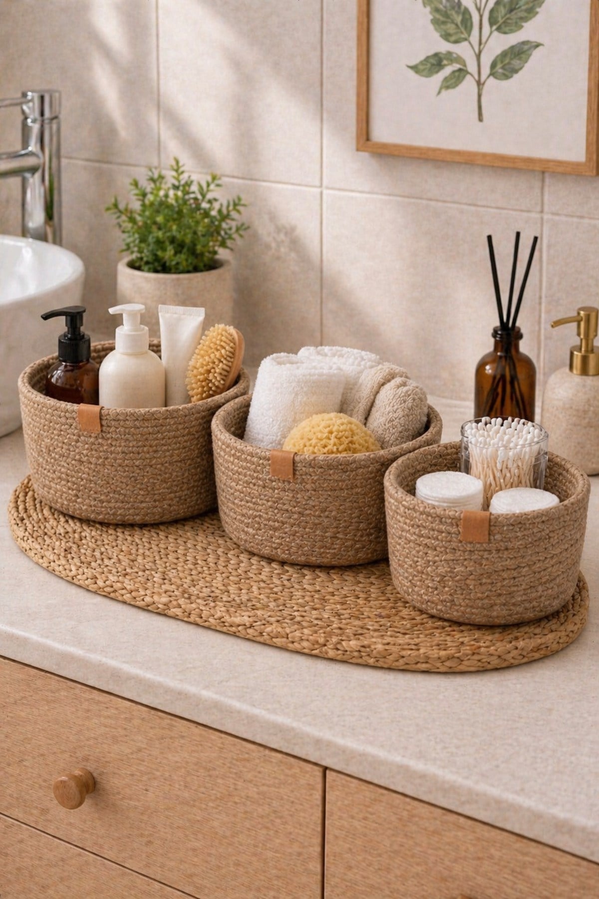 3’lü Örgü Sepet Seti | Dekoratif Düzenleyici Organizer | Banyo, Mutfak, Bebek Odası İçin Çok Amaçlı