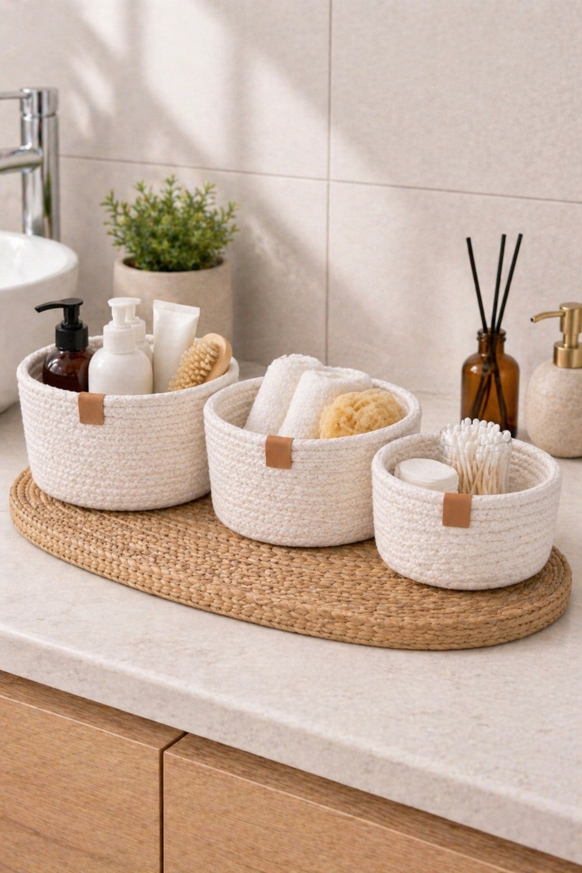 3’lü Örgü Sepet Seti | Dekoratif Düzenleyici Organizer | Banyo, Mutfak, Bebek Odası İçin Çok Amaçlı