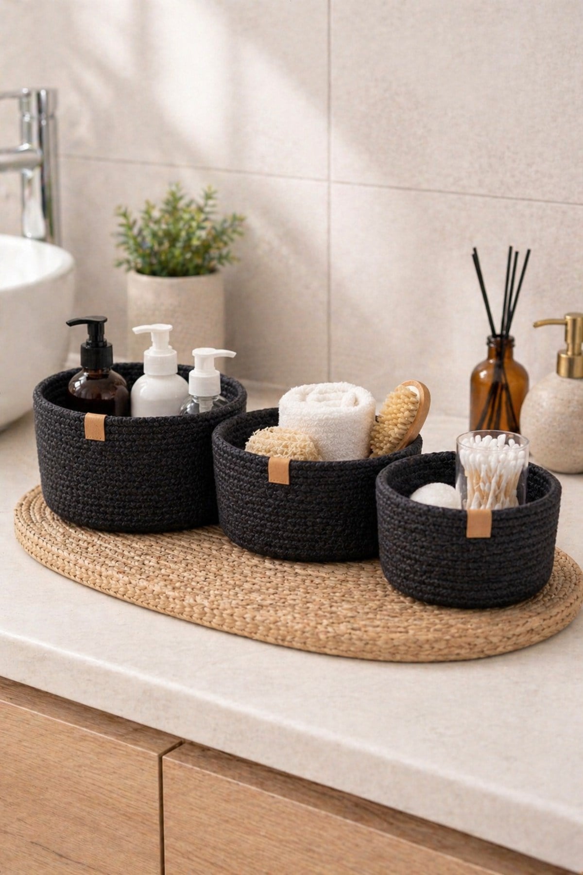 3’lü Örgü Sepet Seti | Dekoratif Düzenleyici Organizer | Banyo, Mutfak, Bebek Odası İçin Çok Amaçlı
