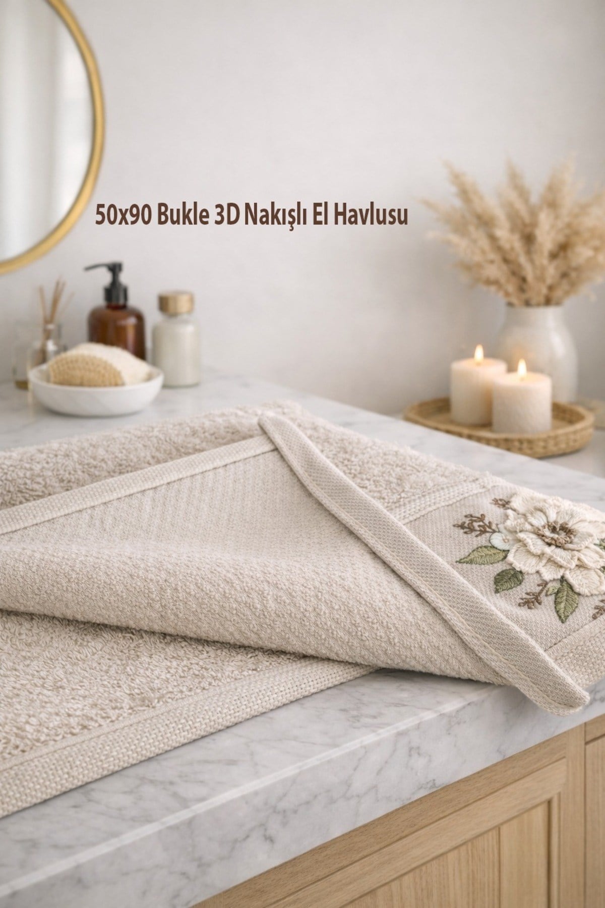 3D Nakışlı Bukle El Havlusu Seti | 50x90 cm | 6 Adet | %100 Pamuk | Günlük, Çeyizlik & Hediyelik