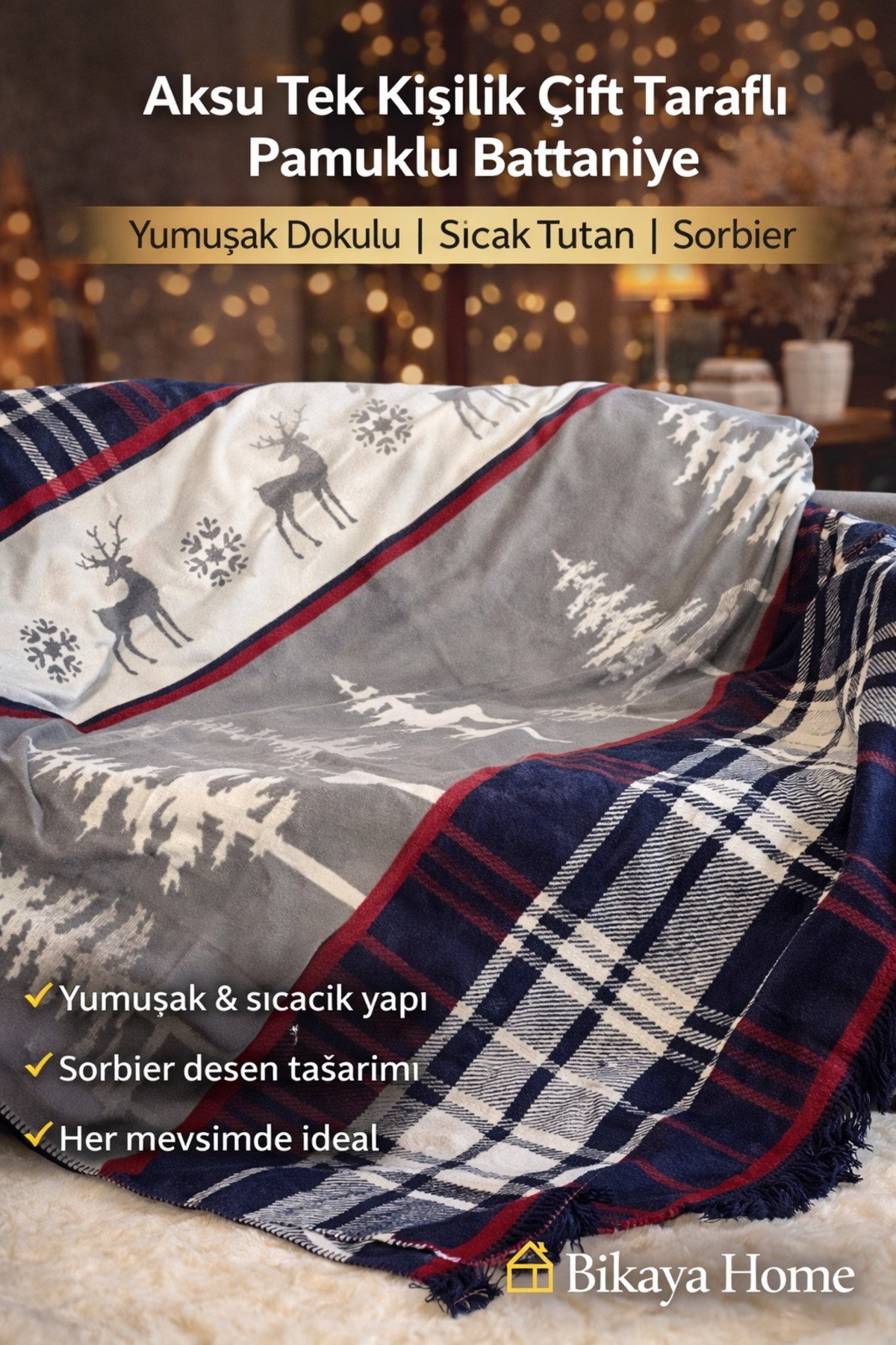 Aksu Tek Kişilik Çift Taraflı Pamuklu Battaniye | 150x200 | Yumuşak Dokulu | Sıcak Tutan | Sorbier