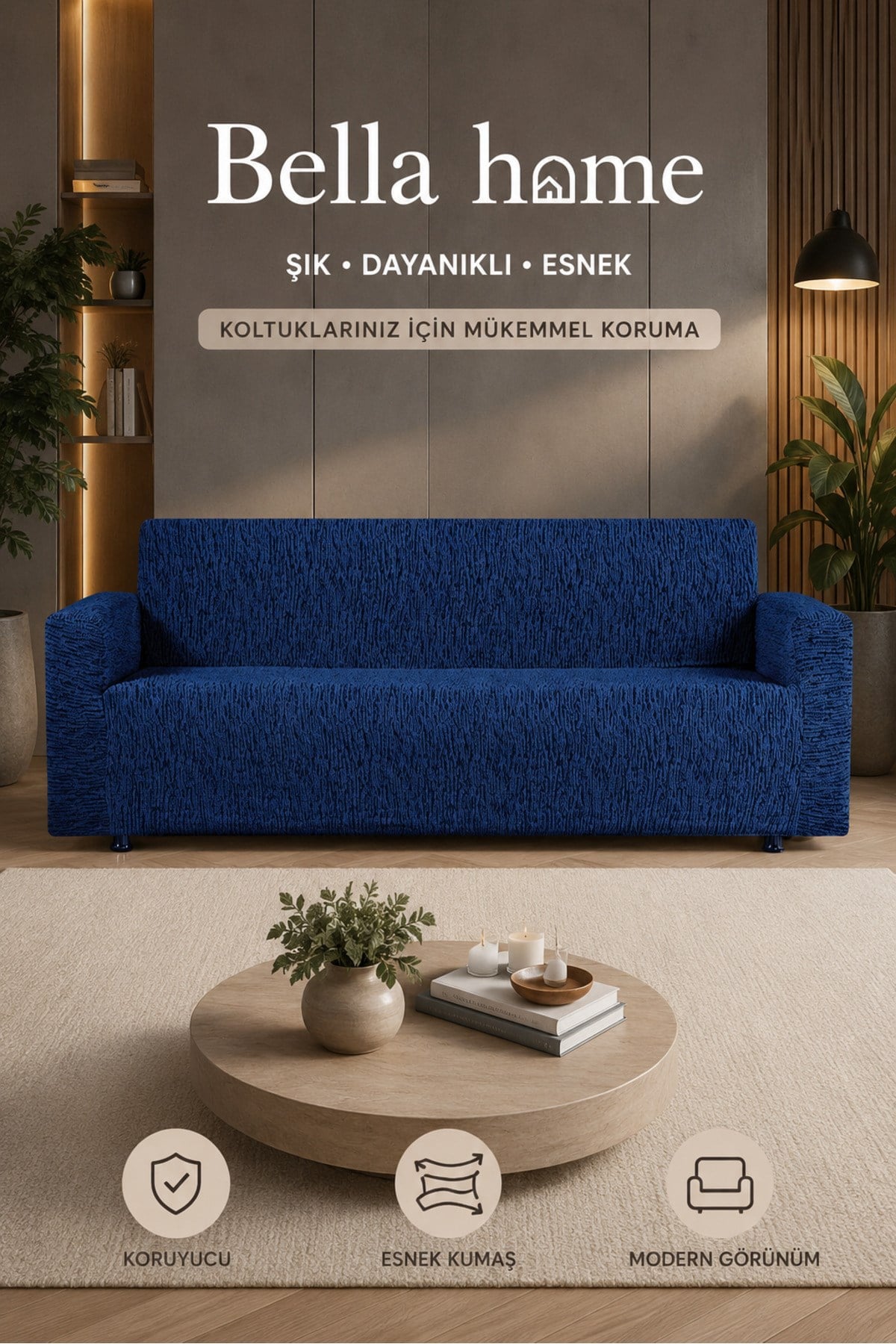 Altınkoza Çekyat Stil Strech Koltuk Örtüsü (3+3) - Likralı - Lastikli - Oturma Grubu - İndigo