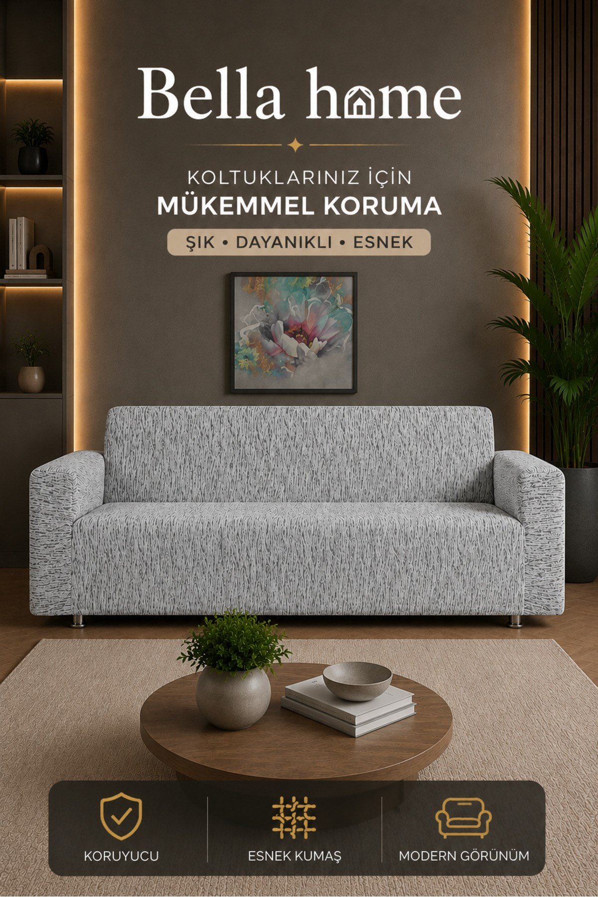 Altınkoza Maksi Stil Strech Koltuk Örtüsü (3+3+1+1) - Likralı - Lastikli - Oturma Grubu- Kırık Beyaz