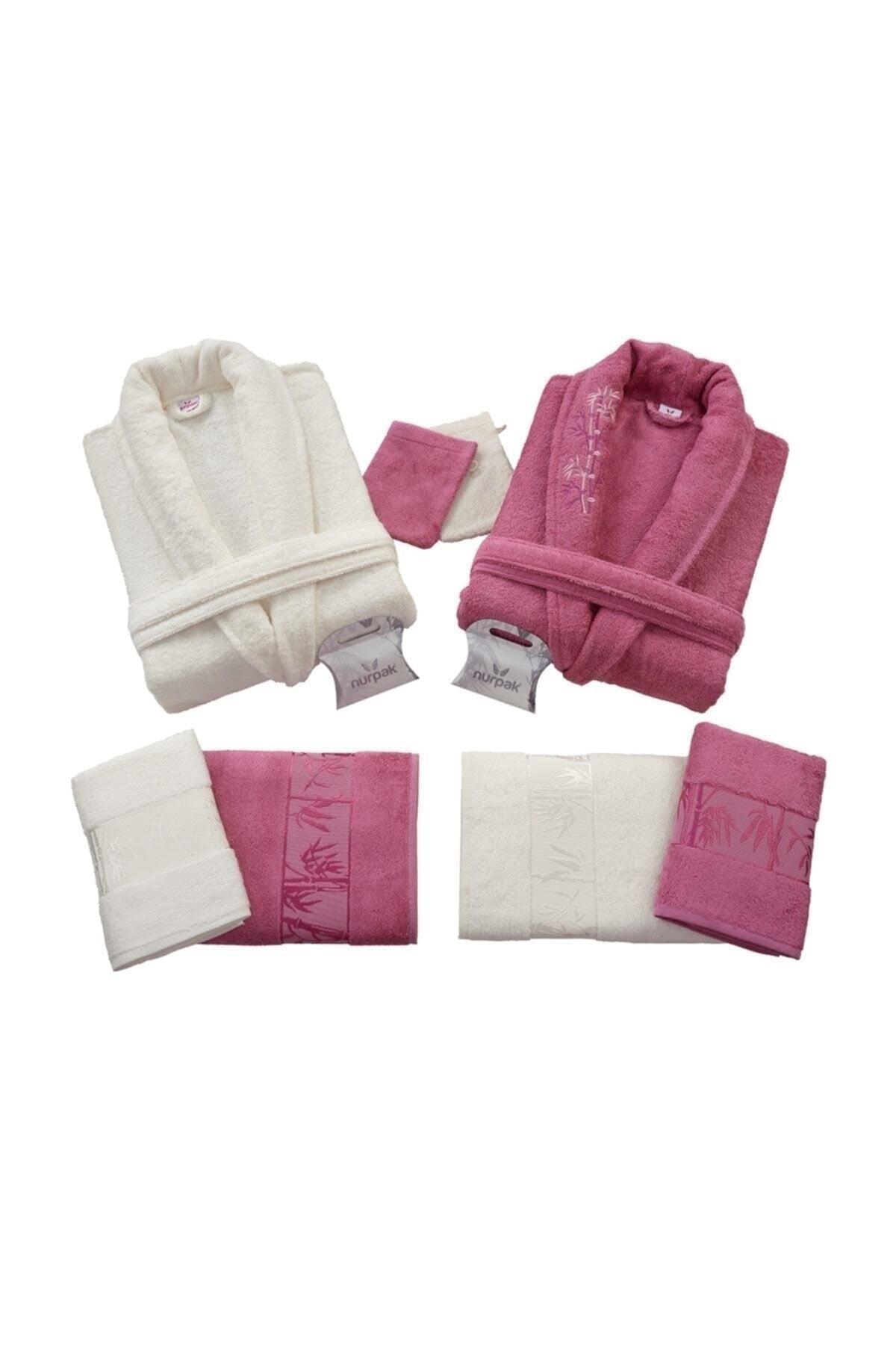 Bambu Aile Bornoz Seti(10 Parça) Krem-mürdüm Nrpk000550