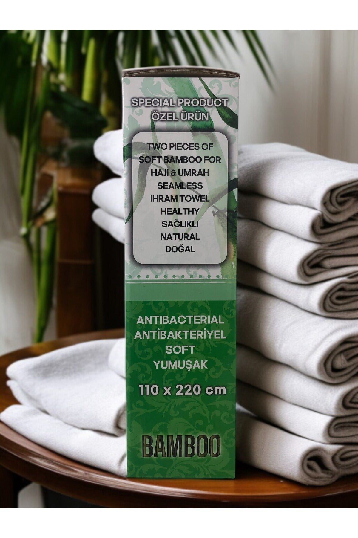 Bambu İhram Takımı - 110 x 220 cm - %100 Bambu - 1250gr - 2 Parça - Yumuşak ve Beyaz Renk - Kutulu