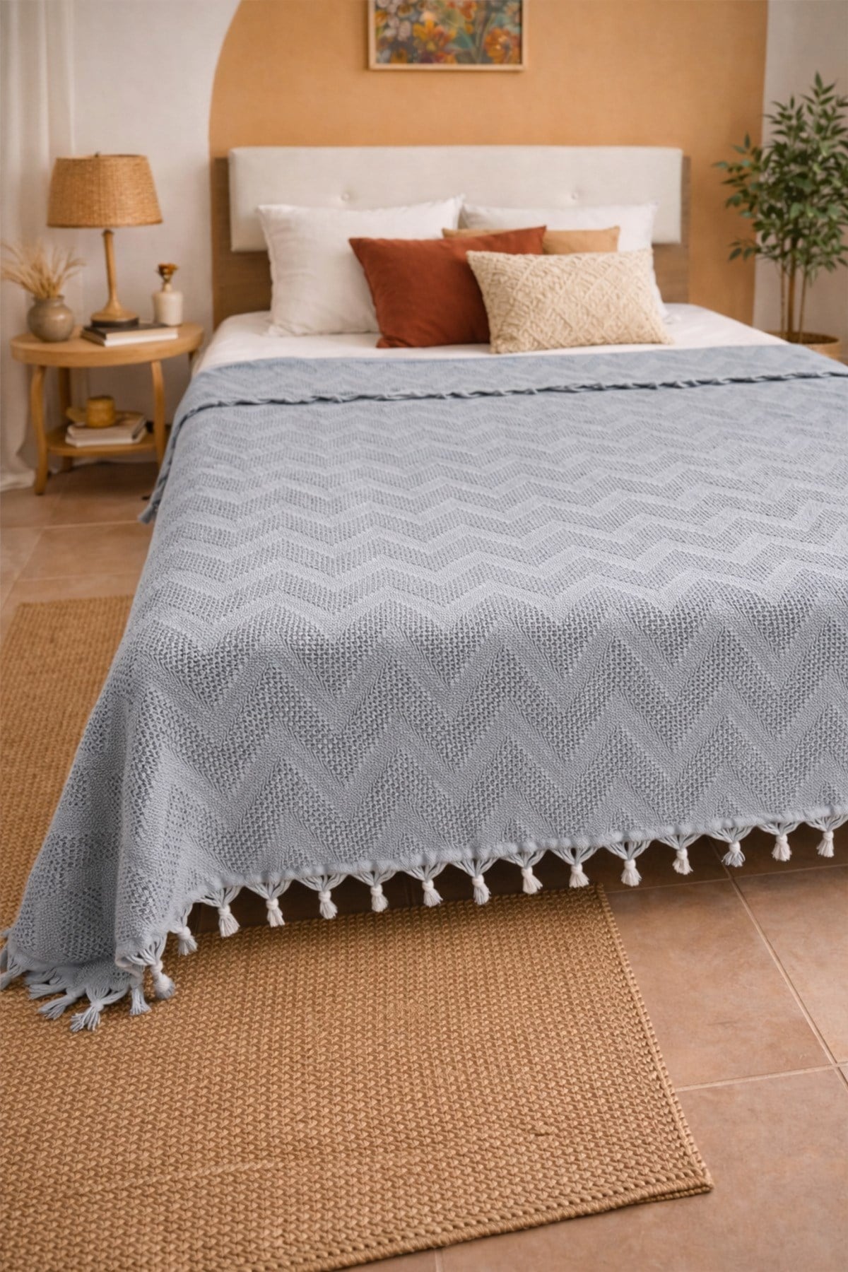 Bohem Elit Jakarlı Çift Kişilik Pamuklu Pike | 200x230 cm | Saçak Detaylı | Modern & Doğal Şıklık