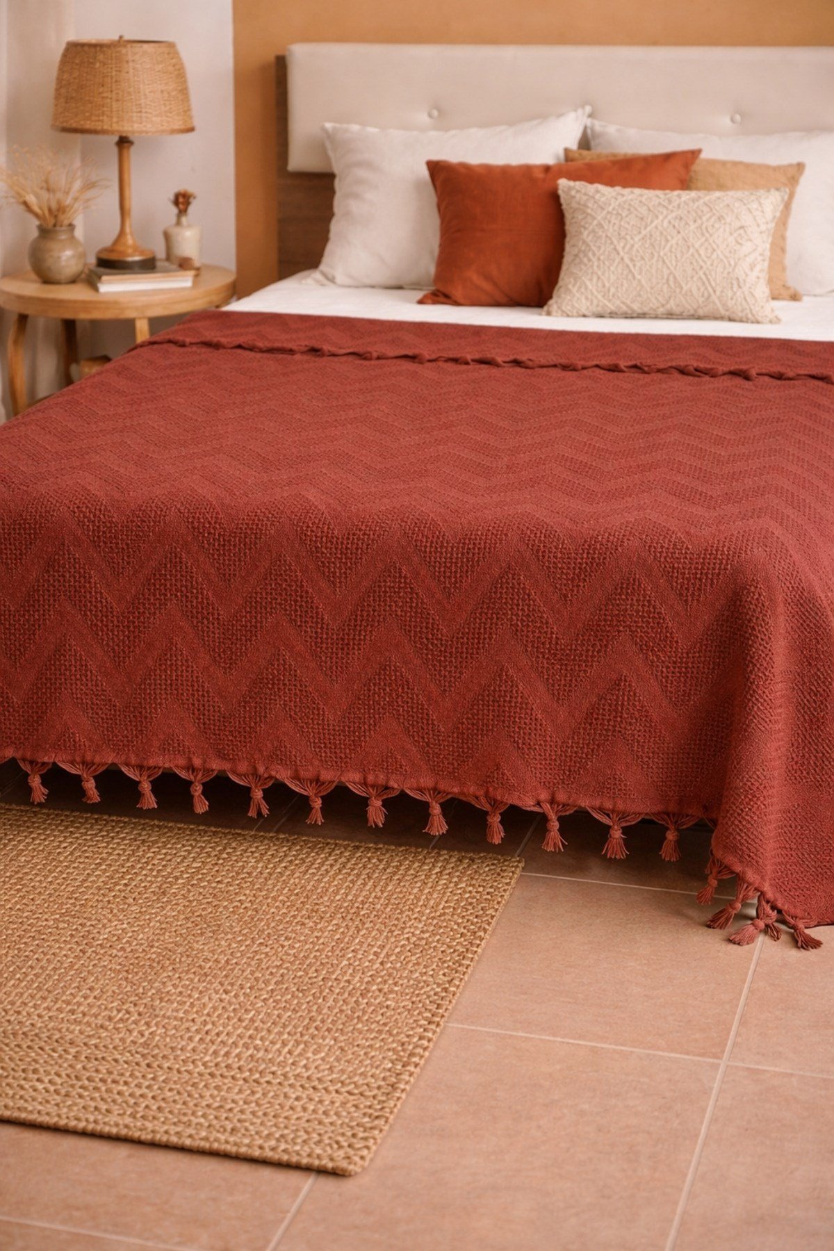 Bohem Elit Jakarlı Çift Kişilik Pamuklu Pike | 200x230 cm | Saçak Detaylı | Modern & Doğal Şıklık