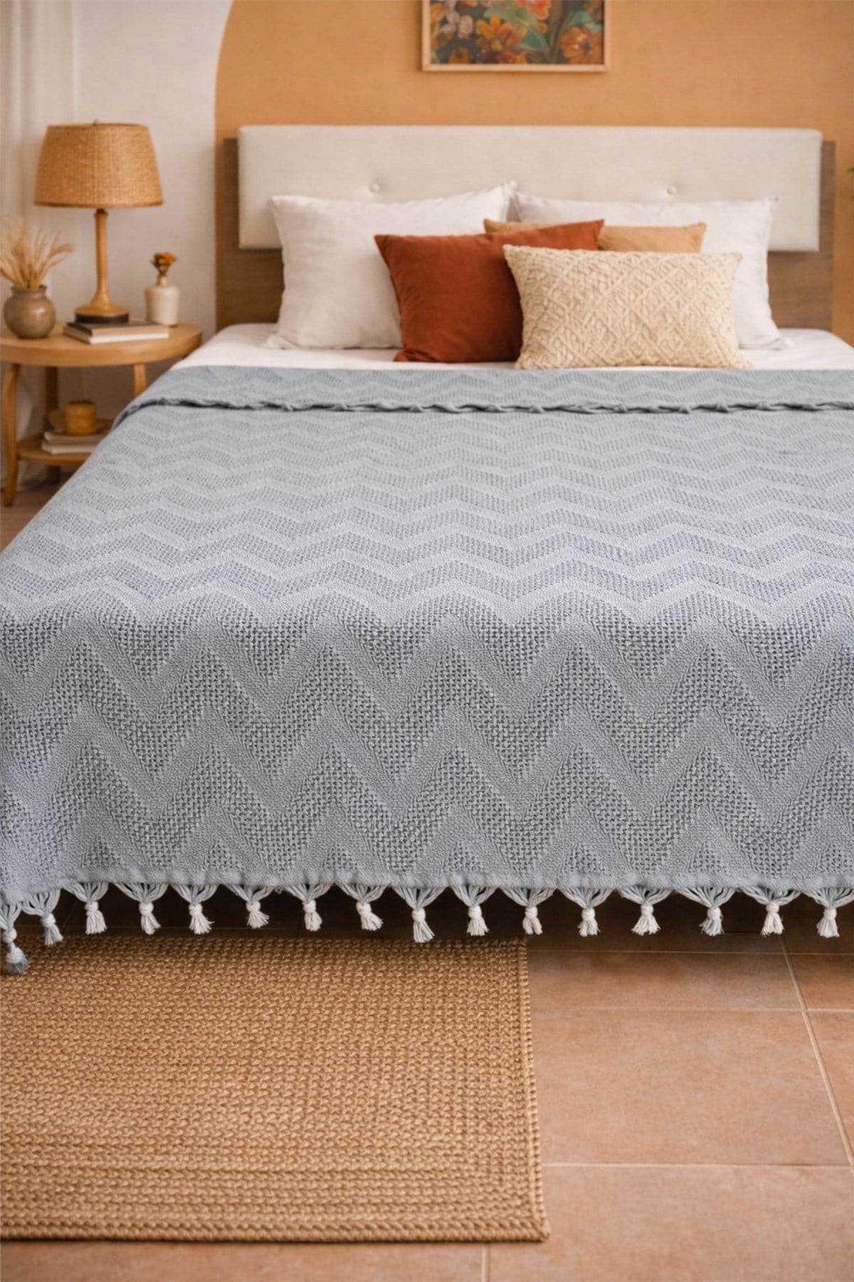 Bohem Elit Jakarlı Çift Kişilik Pamuklu Pike | 200x230 cm | Saçak Detaylı | Modern & Doğal Şıklık