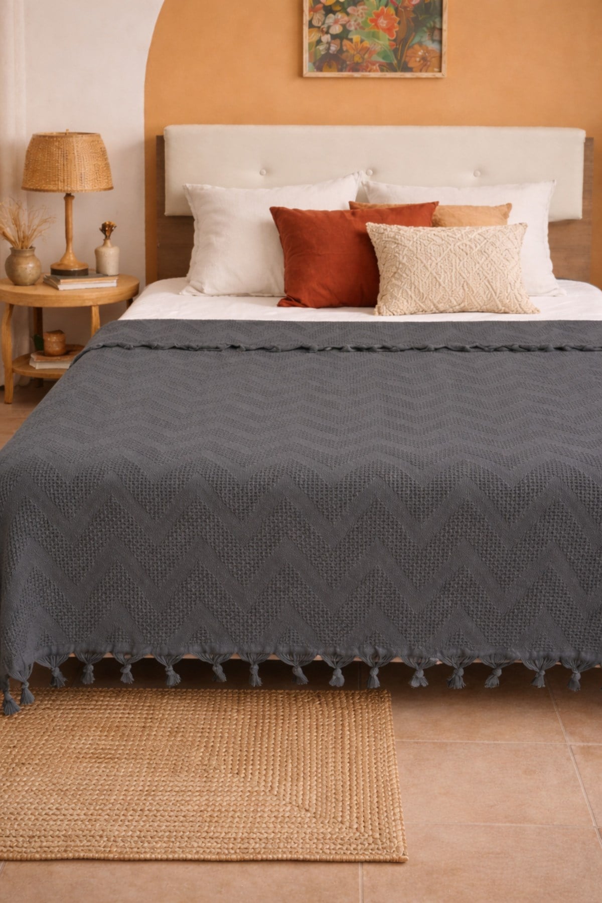 Bohem Elit Jakarlı Çift Kişilik Pamuklu Pike | 200x230 cm | Saçak Detaylı | Modern & Doğal Şıklık