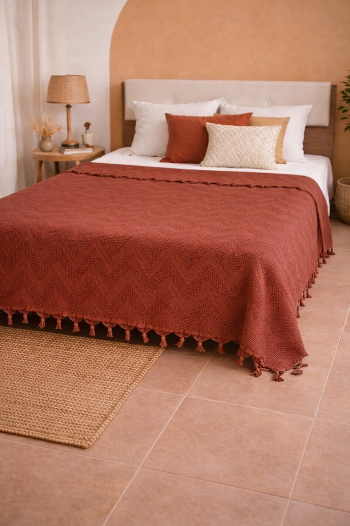 Bohem Elit Jakarlı Çift Kişilik Pamuklu Pike | 200x230 cm | Saçak Detaylı | Modern & Doğal Şıklık