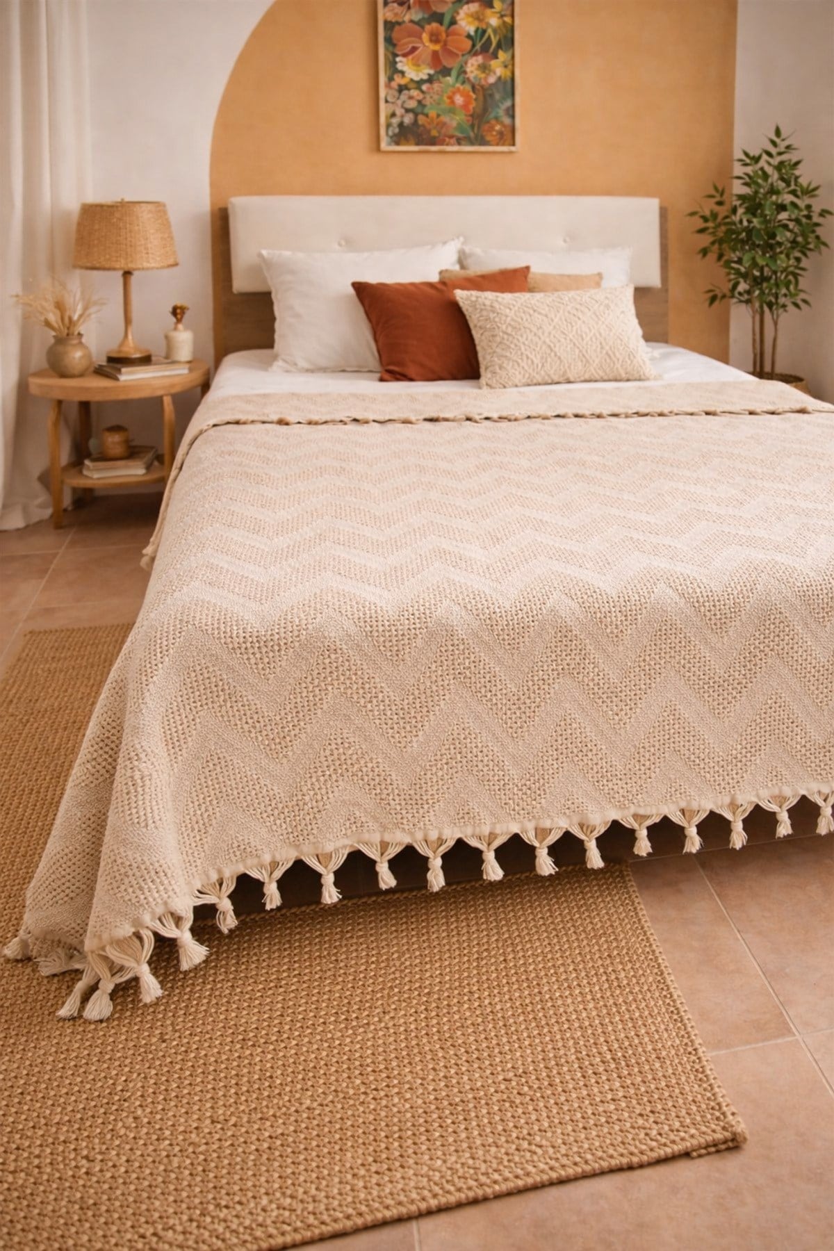 Bohem Elit Jakarlı Çift Kişilik Pamuklu Pike | 200x230 cm | Saçak Detaylı | Modern & Doğal Şıklık