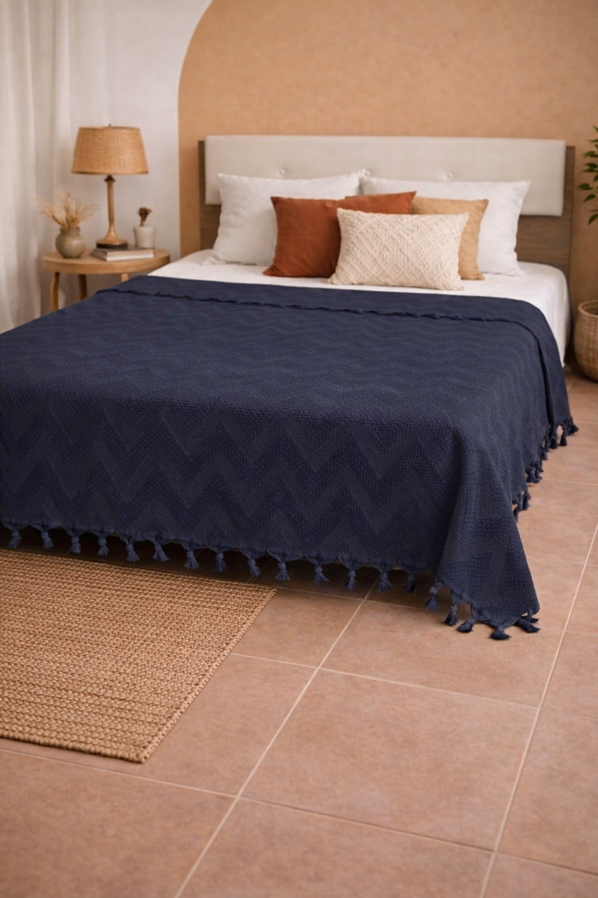 Bohem Elit Jakarlı Çift Kişilik Pamuklu Pike | 200x230 cm | Saçak Detaylı | Modern & Doğal Şıklık