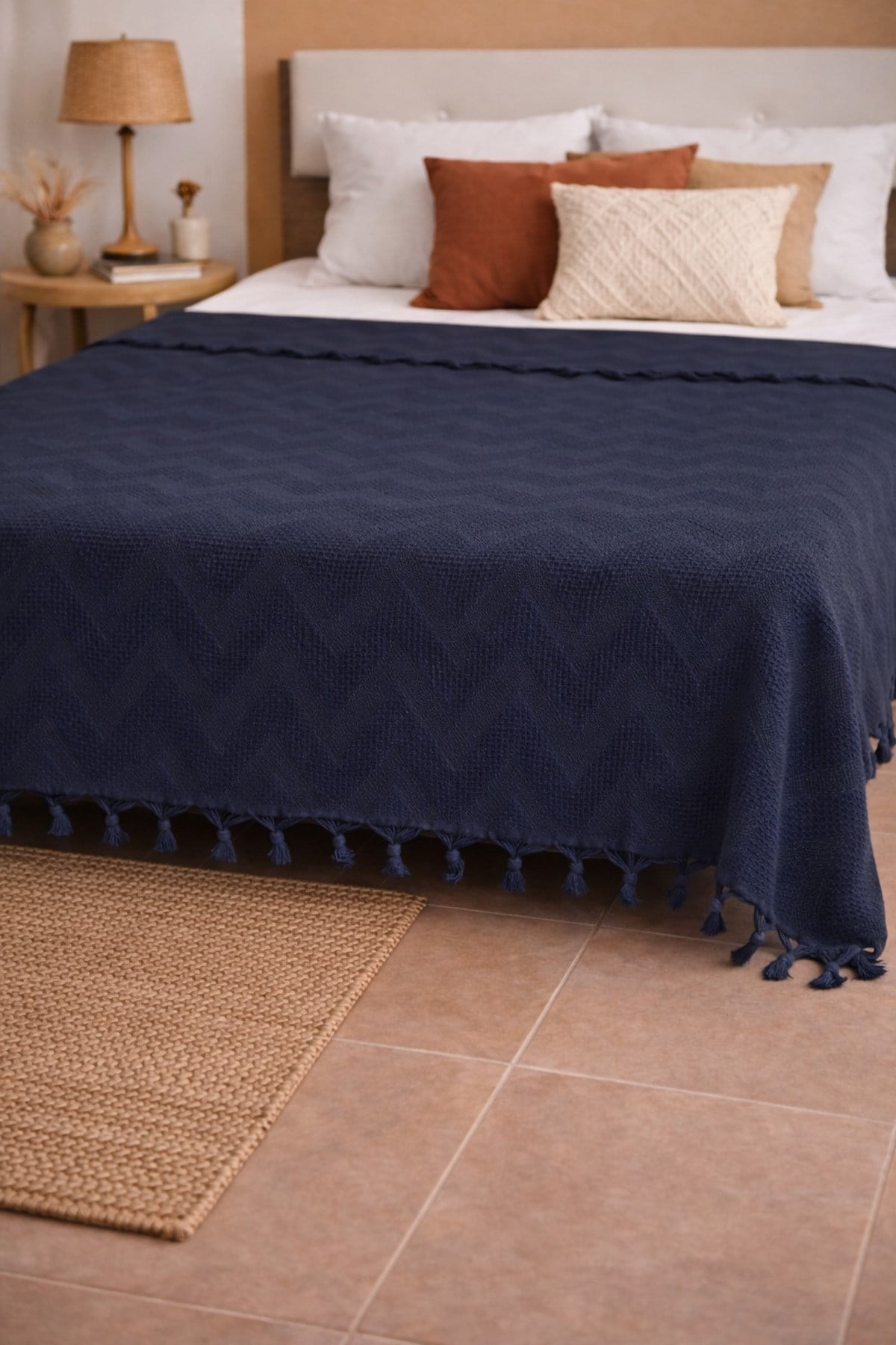 Bohem Elit Jakarlı Çift Kişilik Pamuklu Pike | 200x230 cm | Saçak Detaylı | Modern & Doğal Şıklık