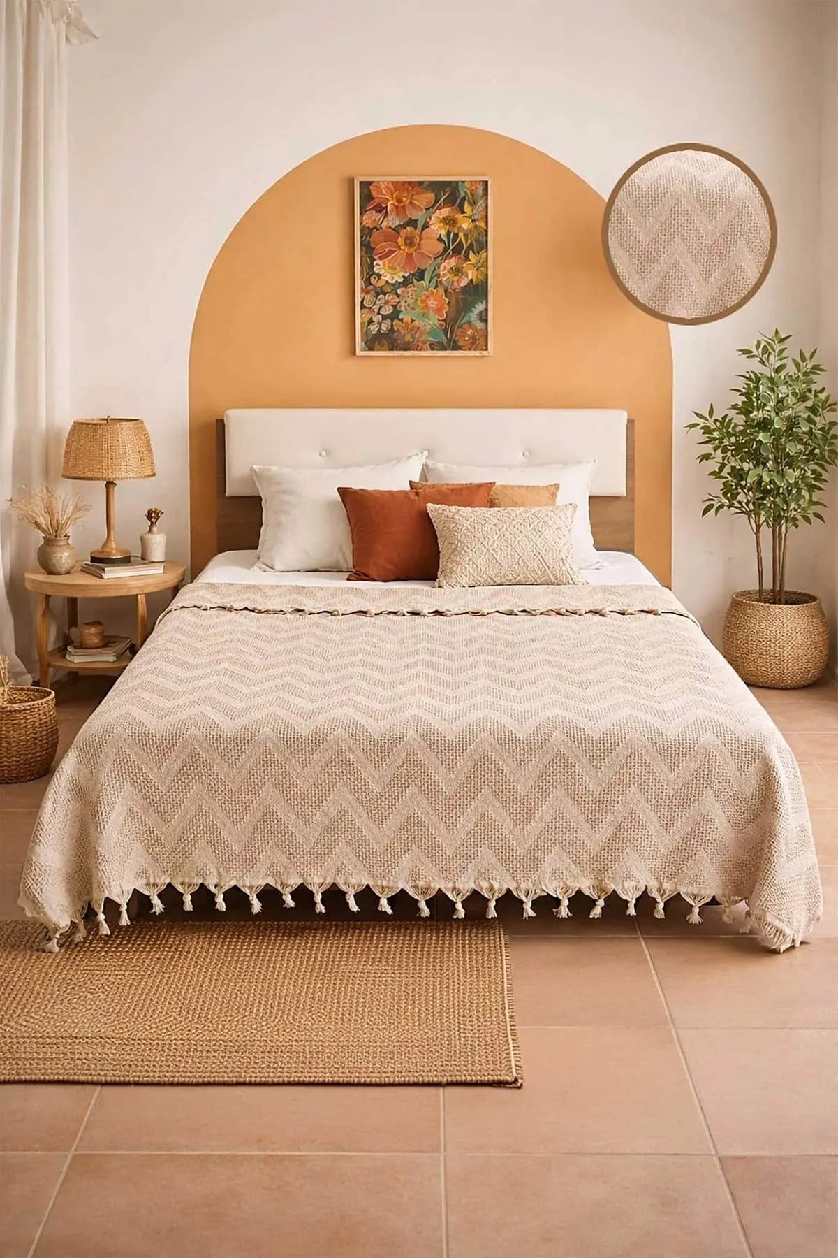 Bohem Elit Jakarlı Çift Kişilik Pamuklu Pike | 200x230 cm | Saçak Detaylı | Modern & Doğal Şıklık