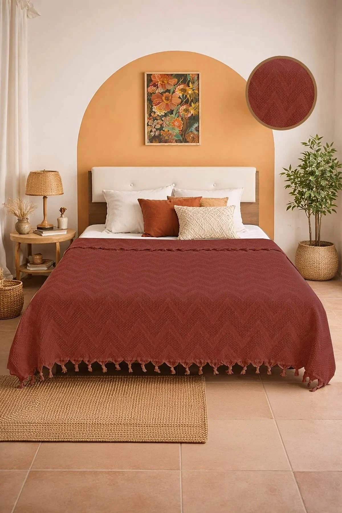 Bohem Elit Jakarlı Çift Kişilik Pamuklu Pike | 200x230 cm | Saçak Detaylı | Modern & Doğal Şıklık