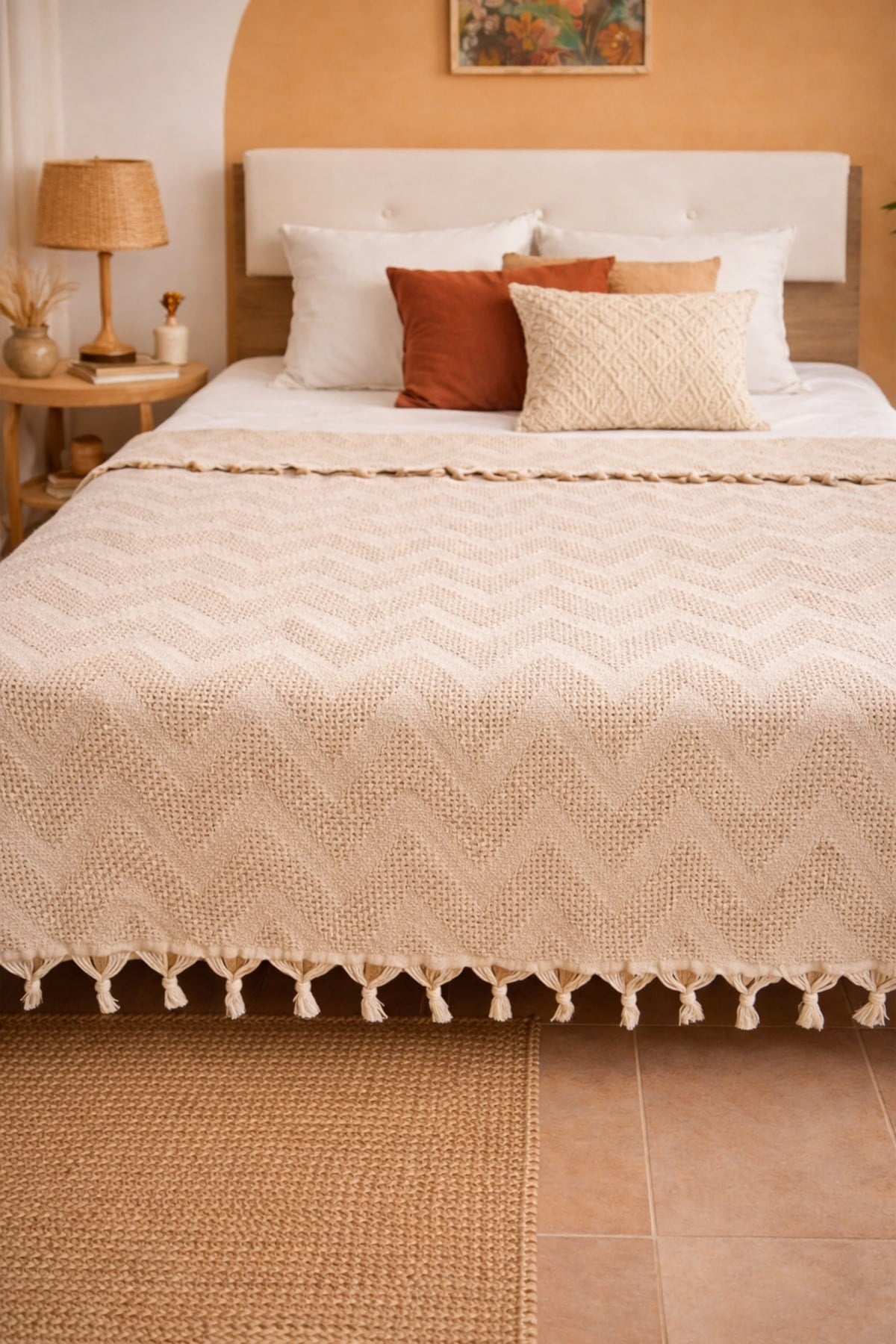Bohem Elit Jakarlı Çift Kişilik Pamuklu Pike | 200x230 cm | Saçak Detaylı | Modern & Doğal Şıklık