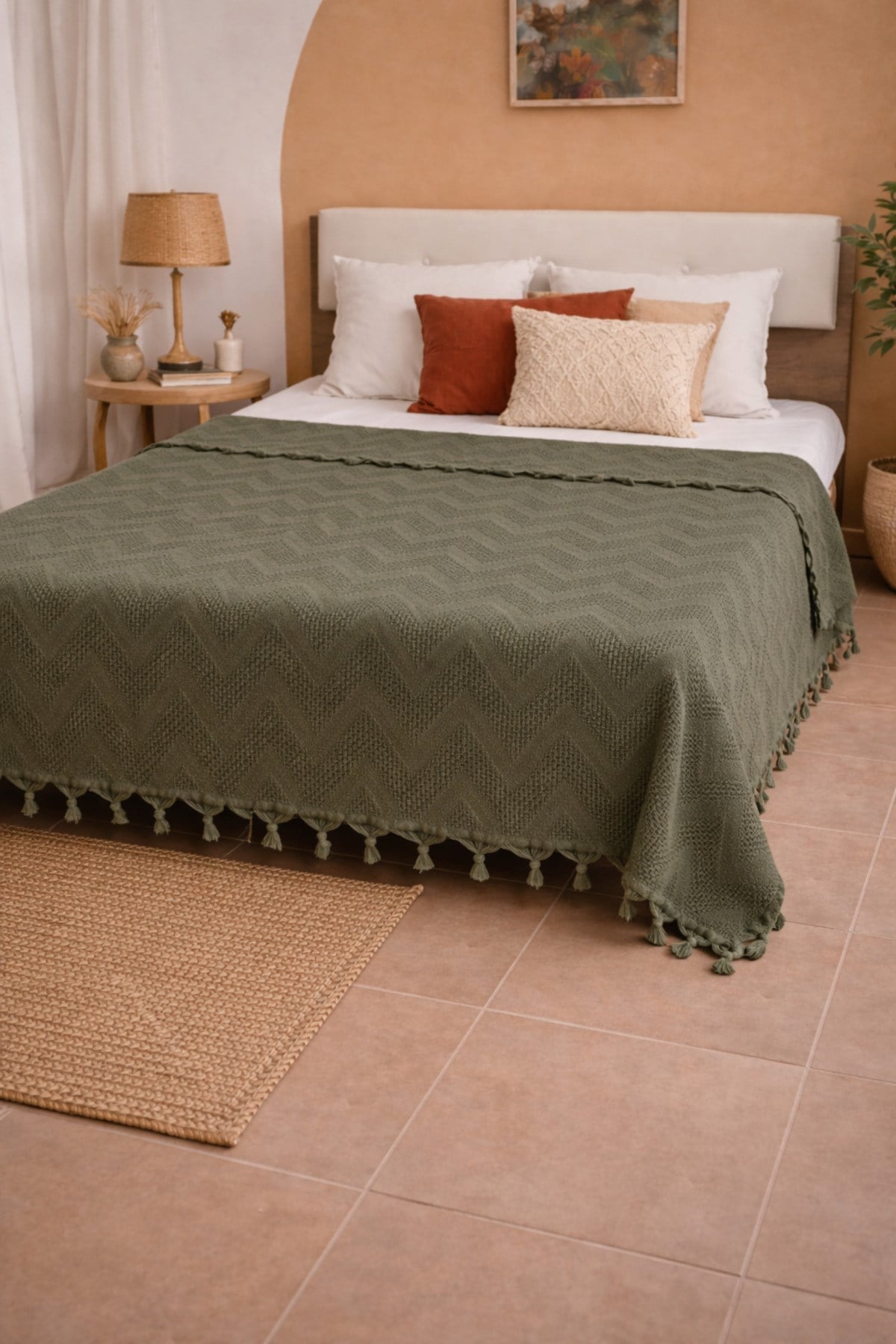 Bohem Elit Jakarlı Çift Kişilik Pamuklu Pike | 200x230 cm | Saçak Detaylı | Modern & Doğal Şıklık