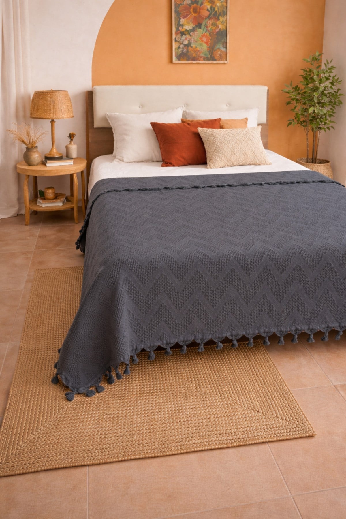 Bohem Elit Jakarlı Çift Kişilik Pamuklu Pike | 200x230 cm | Saçak Detaylı | Modern & Doğal Şıklık