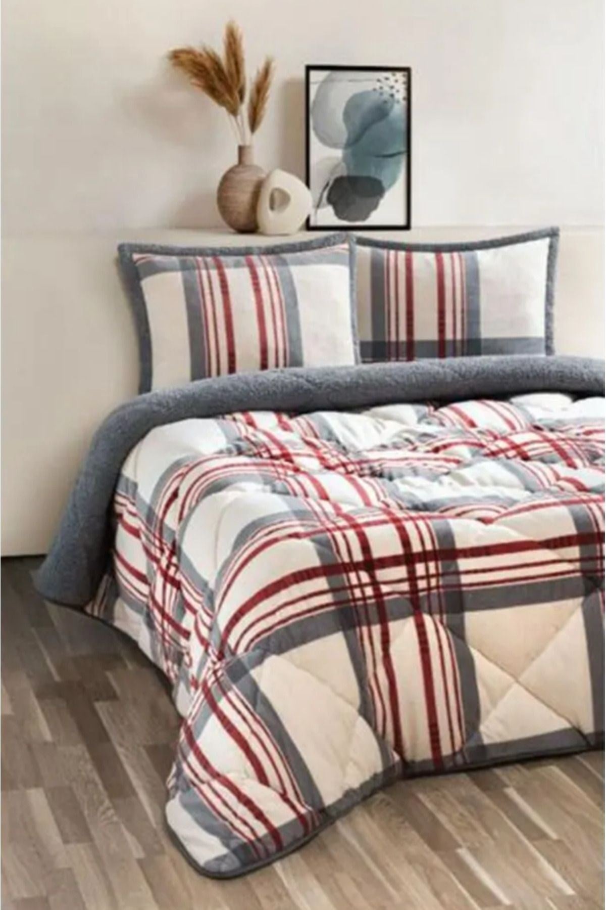 Comforter Çift Kişilik Yorgan Seti Kırmızı Çizgili 220X240